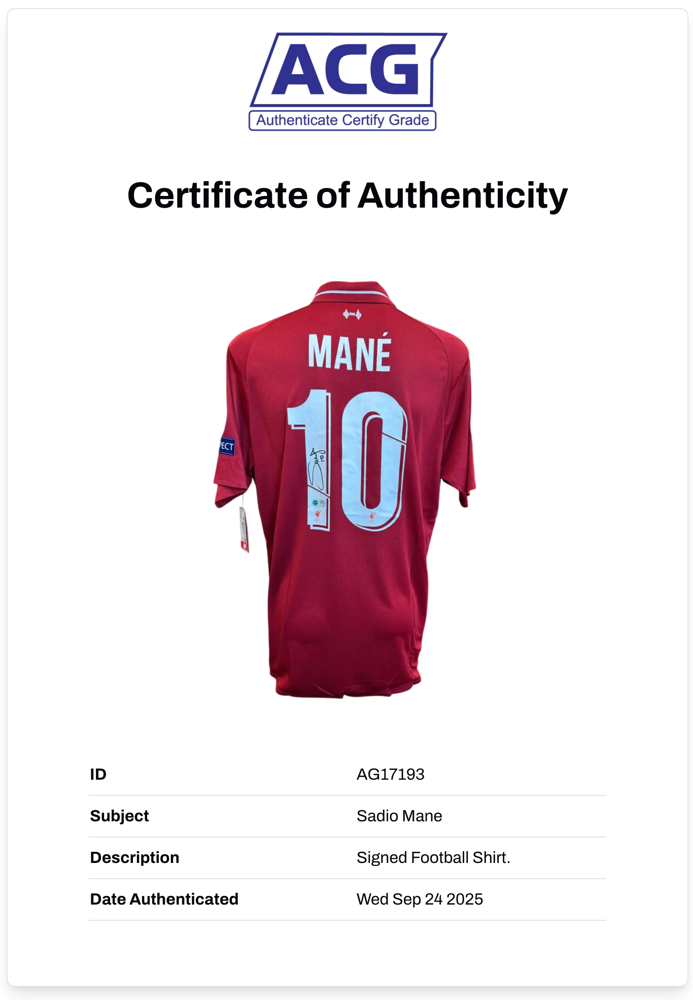SADIO MANE SIGNED LIVERPOOL FC 2018/19 UCL FINAL MADRID SHIRT (ACG CERT AG17193)