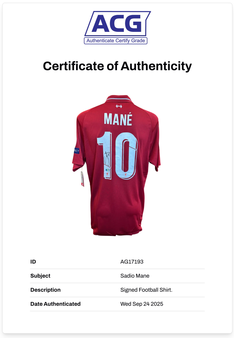 SADIO MANE SIGNED LIVERPOOL FC 2018/19 UCL FINAL MADRID SHIRT (ACG CERT AG17193)-2