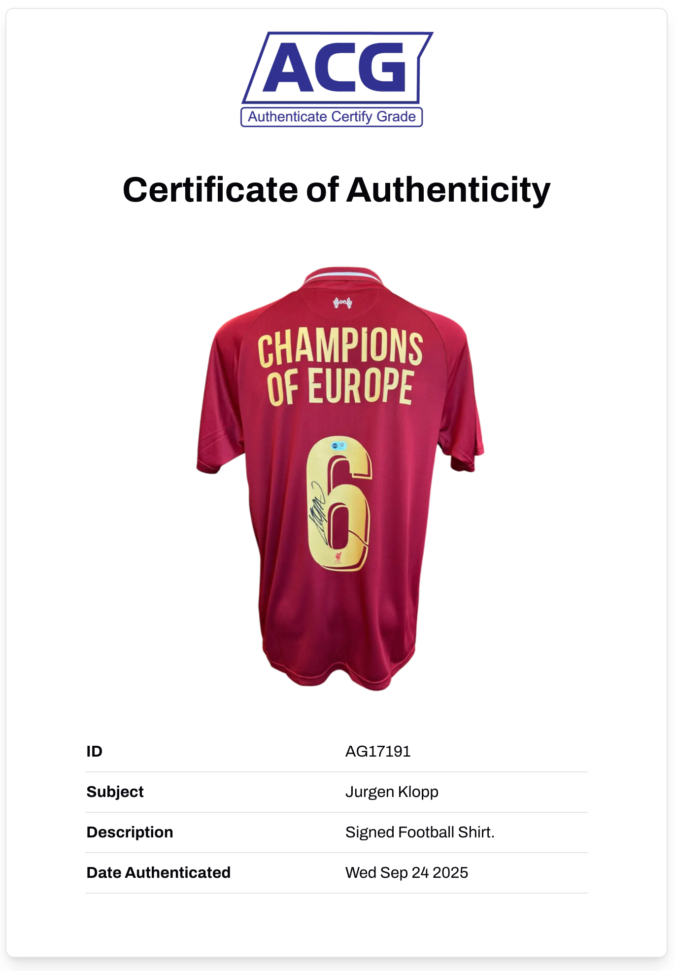 JURGEN KLOPP SIGNED 2018/19 LFC CHAMPIONS OF EUROPE 6 GOLD SHIRT (ACG CERT AG17191)