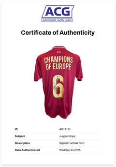 JURGEN KLOPP SIGNED 2018/19 LFC CHAMPIONS OF EUROPE 6 GOLD SHIRT (ACG CERT AG17191)-2