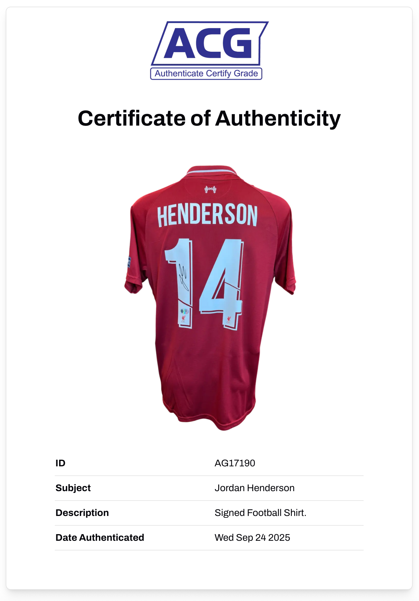 JORDAN HENDERSON SIGNED 2018/19 LIVERPOOL UCL FINAL MADRID SHIRT (ACG CERT AG17190)