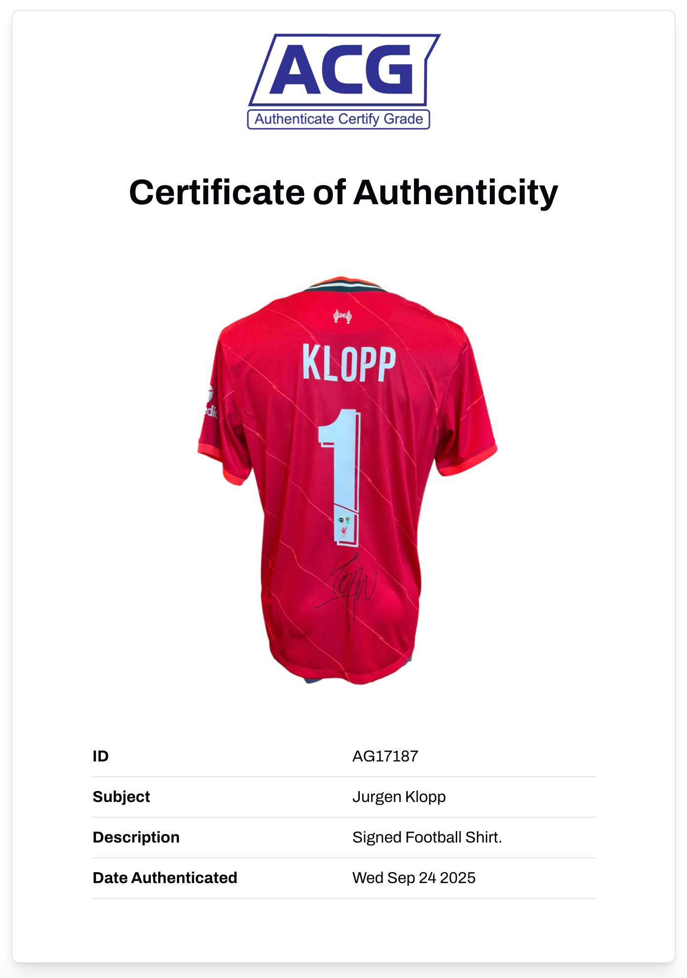 JURGEN KLOPP SIGNED 2021/22 LIVERPOOL FC HOME SHIRT (ACG CERT AG17187)