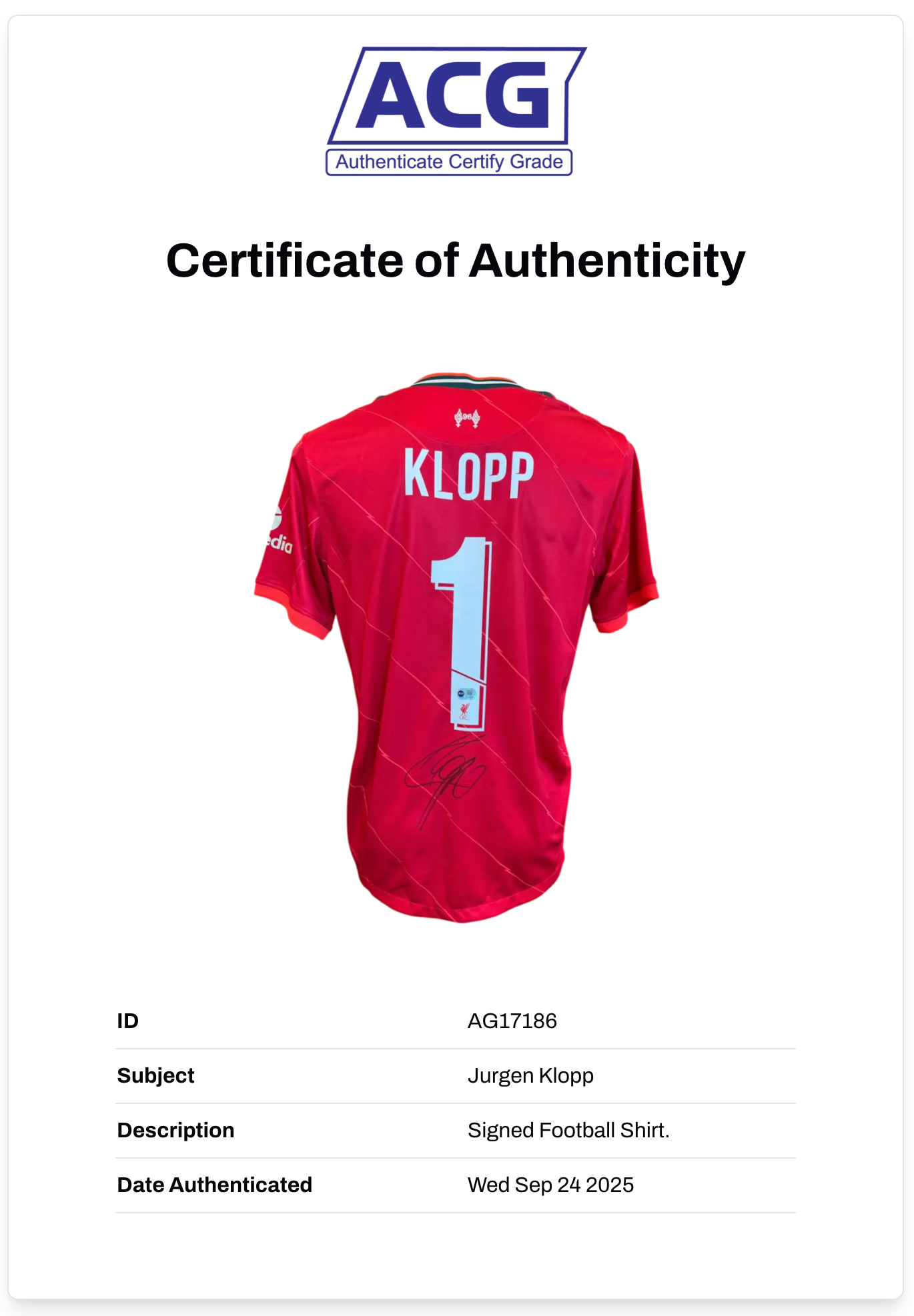 JURGEN KLOPP SIGNED 2021/22 LIVERPOOL FC HOME SHIRT (ACG CERT AG17186)