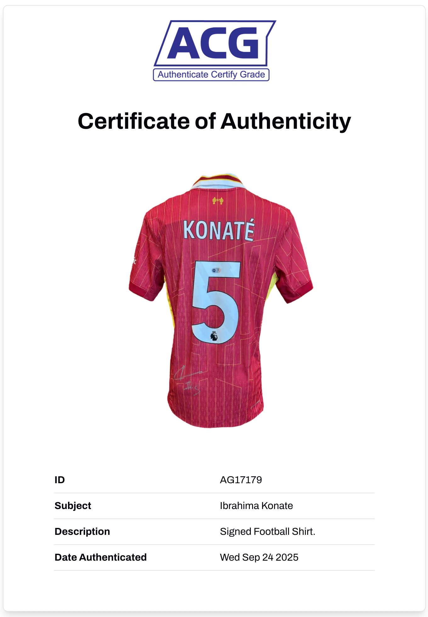 IBRAHIMA KONATE SIGNED 2024/25 LIVERPOOL FC HOME SHIRT (ACG CERT AG17179)