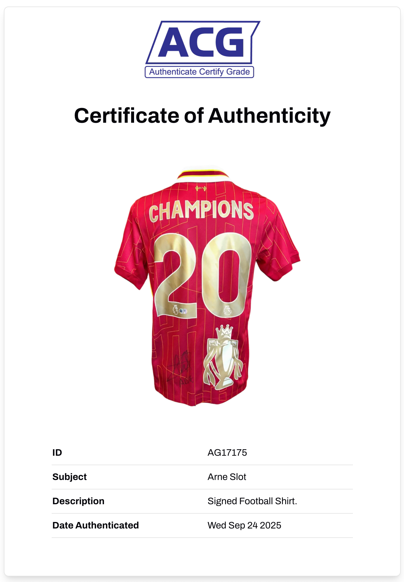 ARNE SLOT SIGNED LIVERPOOL FC 24/25 CHAMPIONS TROPHY HOME SHIRT (ACG CERT AG17175)