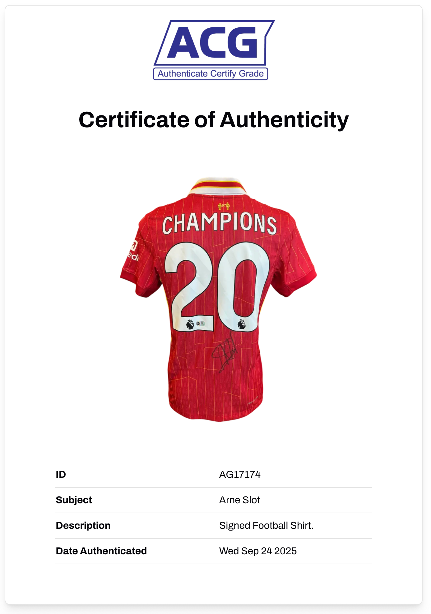 ARNE SLOT SIGNED LIVERPOOL FC 24/25 PL CHAMPIONS HOME SHIRT (ACG CERT AG17174)