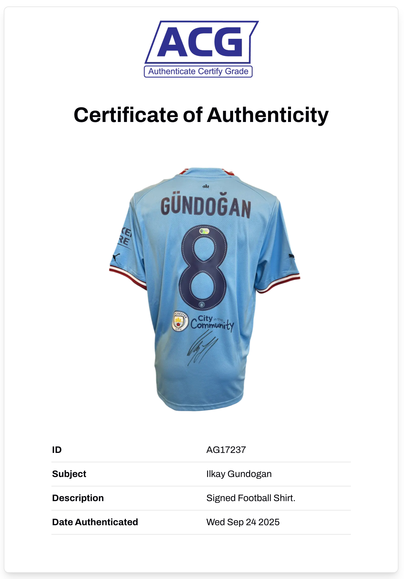 ILKAY GUNDOGAN SIGNED MAN CITY 22/23 UCL FINAL WINNERS SHIRT (ACG CERT AG17237)