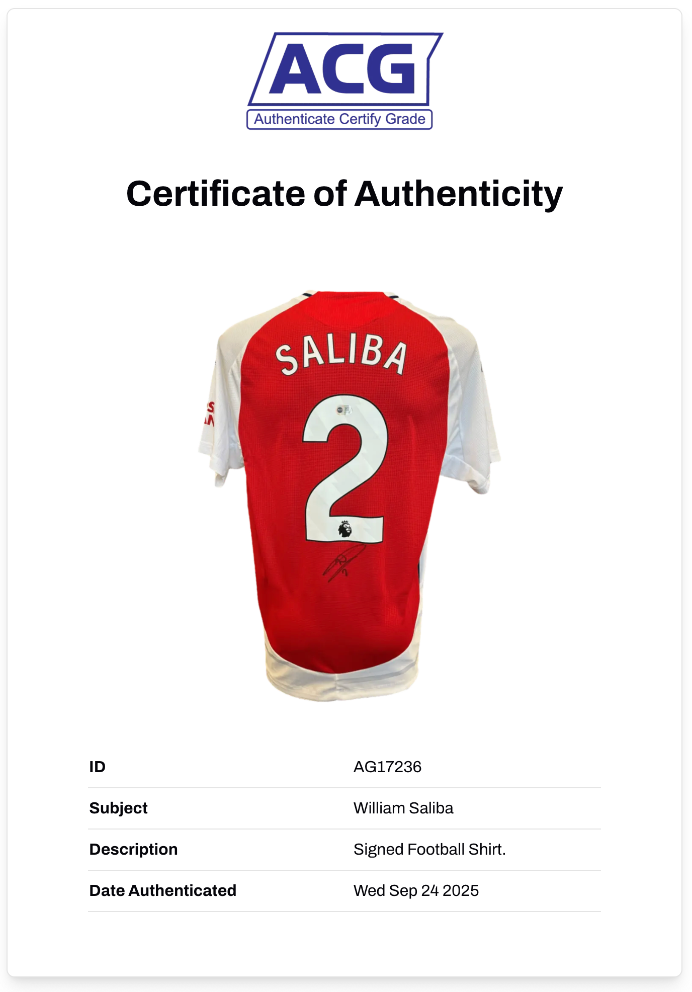 WILLIAM SALIBA SIGNED ARSENAL FC 2024/25 HOME SHIRT (ACG CERT AG17236)