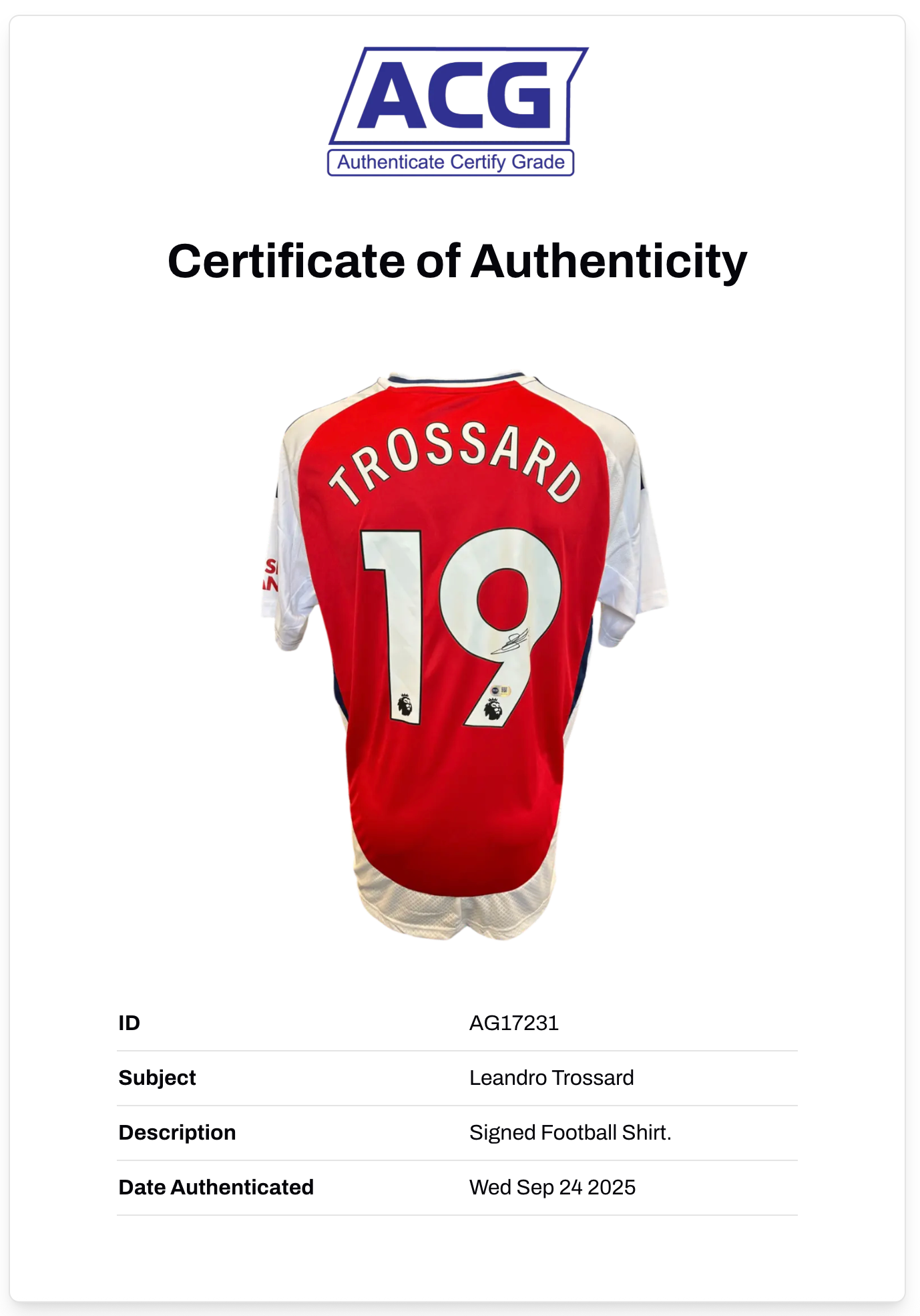 LEANDRO TROSSARD SIGNED ARSENAL FC 2024/25 HOME SHIRT (ACG CERT AG17231)