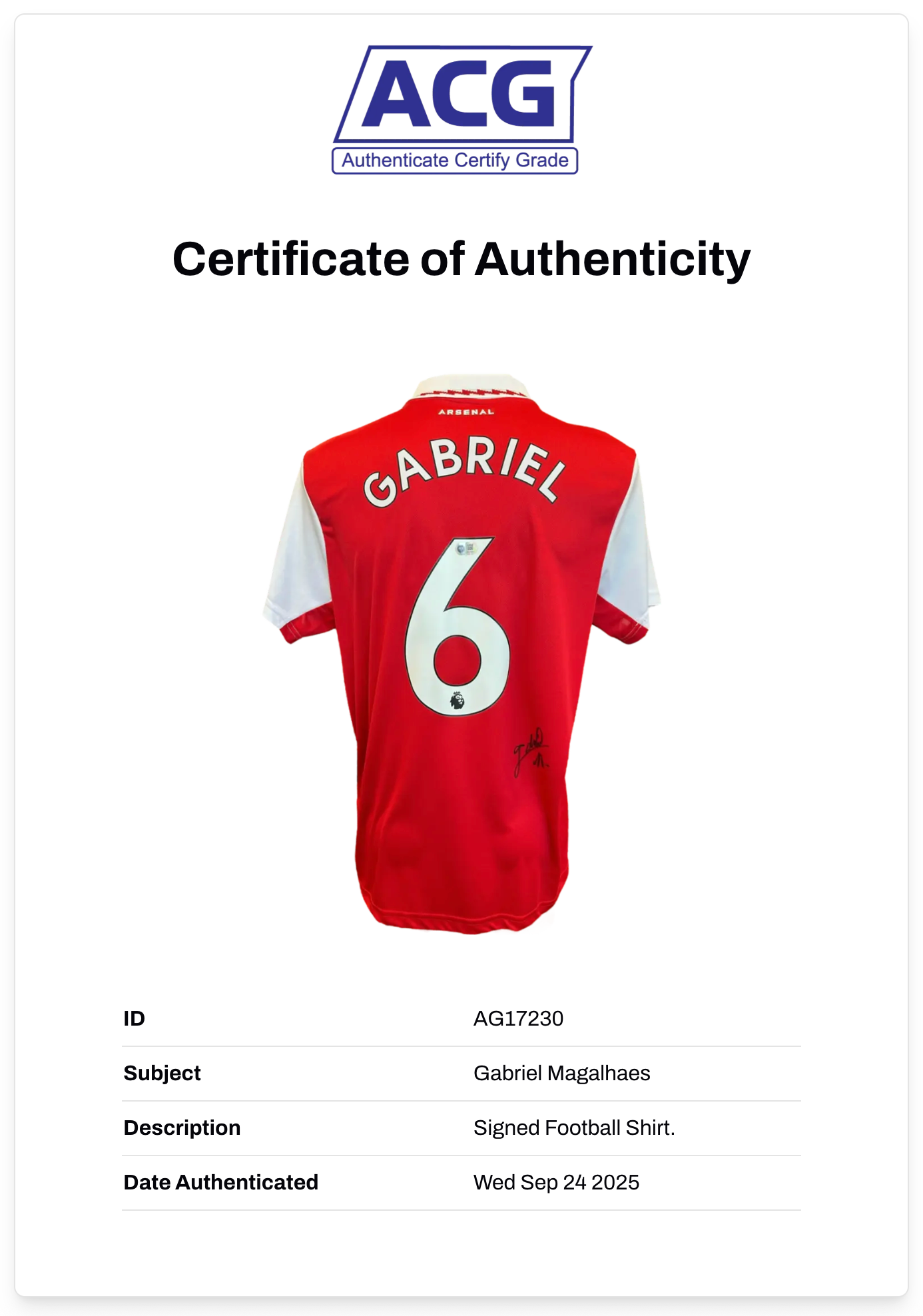 GABRIEL MAGALHAES SIGNED 2022/23 ARSENAL FC HOME SHIRT (ACG CERT AG17230)