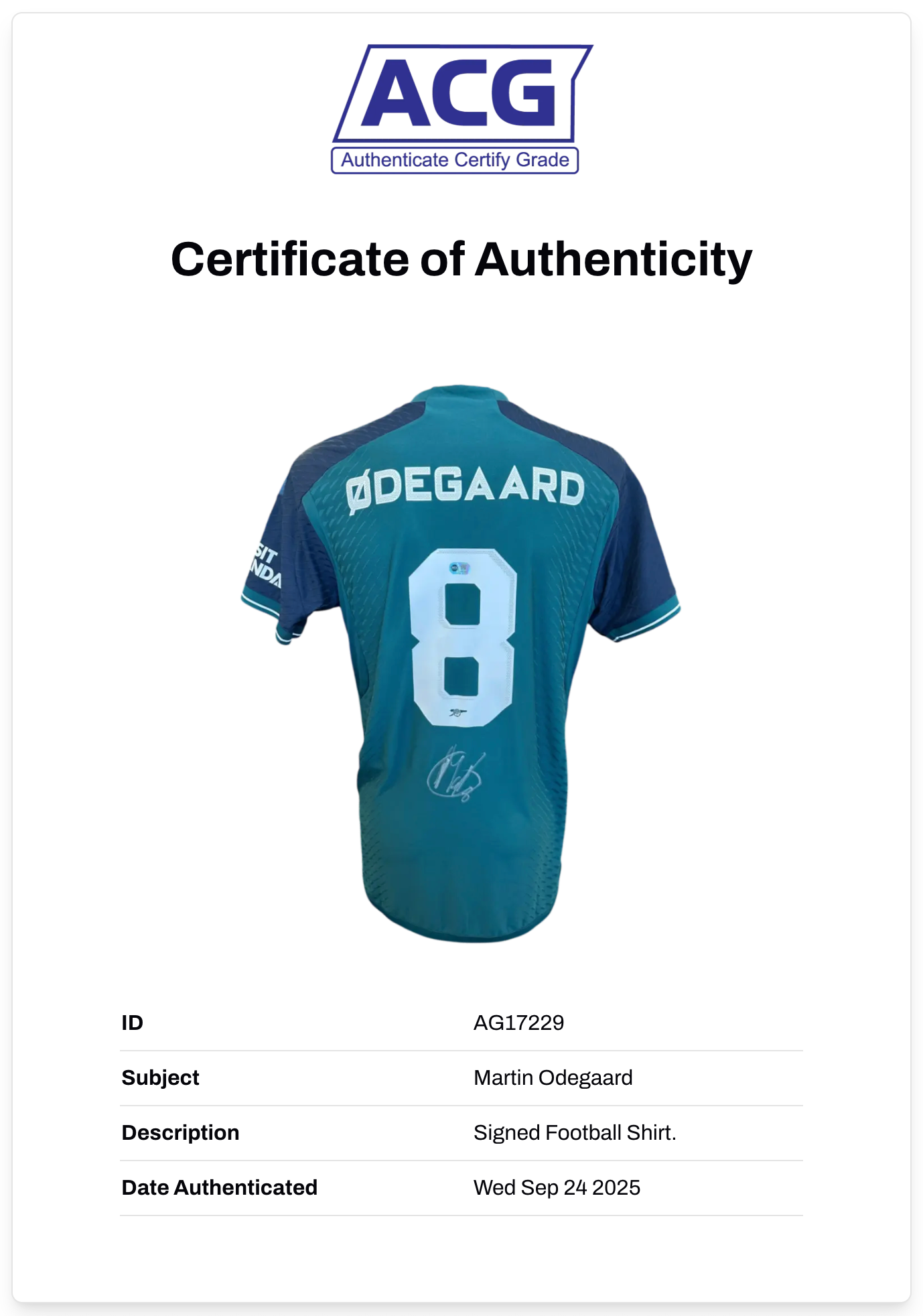 MARTIN ODEGAARD SIGNED ARSENAL FC PLAYER 2023/24 AWAY SHIRT (ACG CERT AG17229))