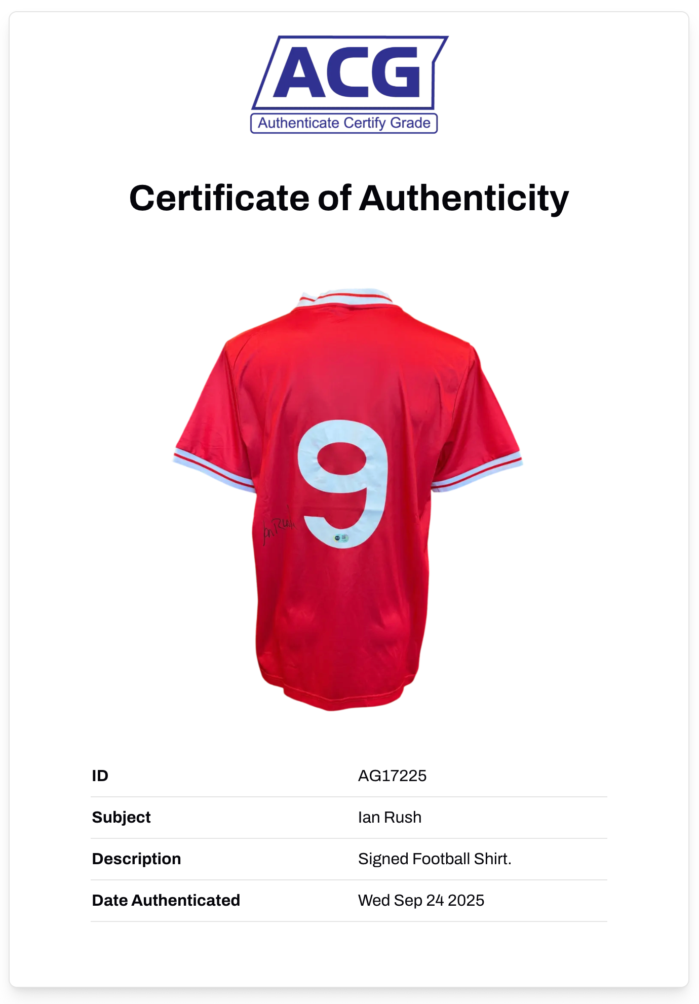 IAN RUSH SIGNED LIVERPOOL FC 1984 HOME SHIRT (ACG CERT AG17225)