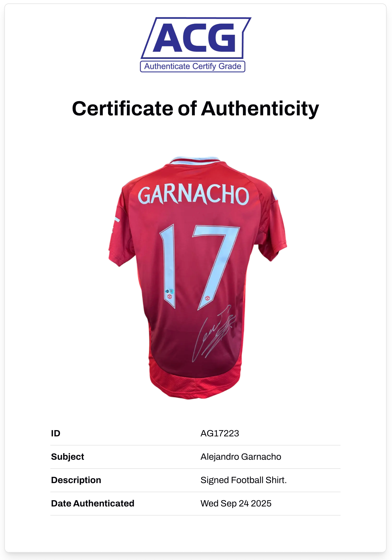 ALEJANDRO GARNACHO SIGNED 2024/25 MANCHESTER UNITED HOME SHIRT (ACG CERT AG17223)-2