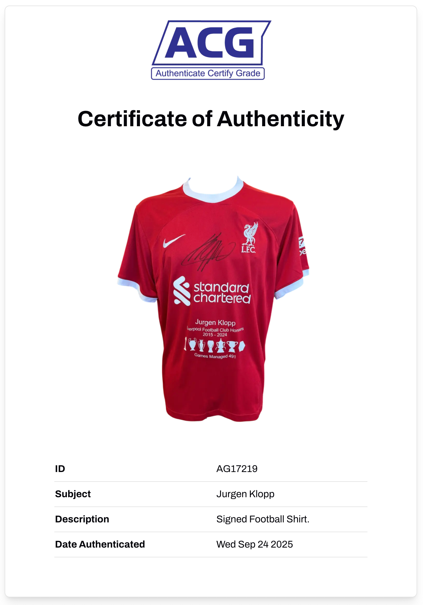 JURGEN KLOPP SIGNED 2023/24 LIVERPOOL FC HONOURS SHIRT (ACG CERT AG17219)