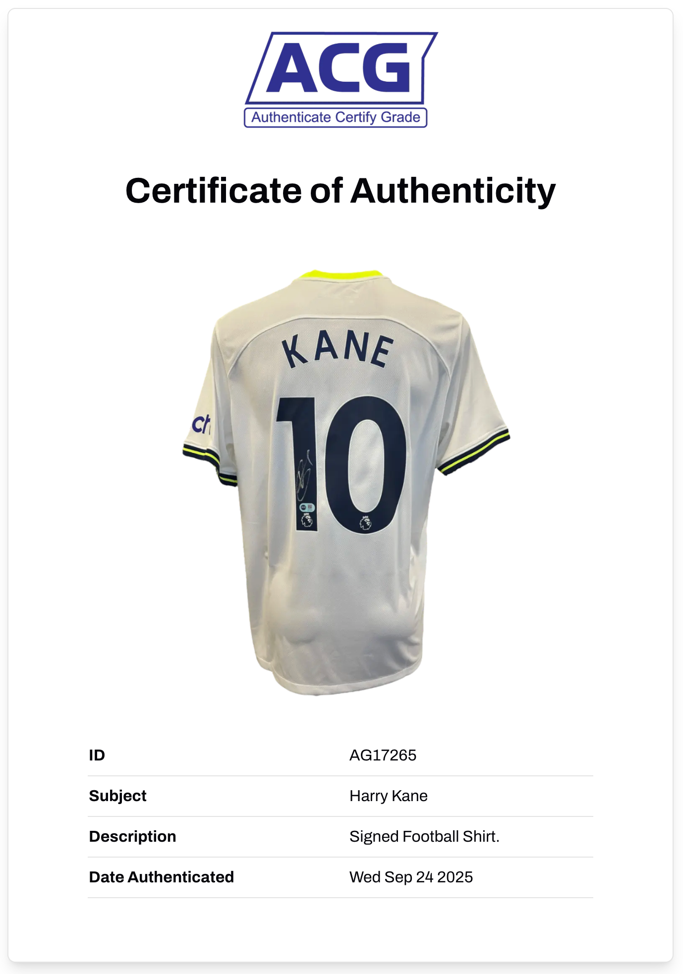 HARRY KANE SIGNED TOTTENHAM HOTSPUR 2022/23 HOME SHIRT (ACG CERT AG17265)
