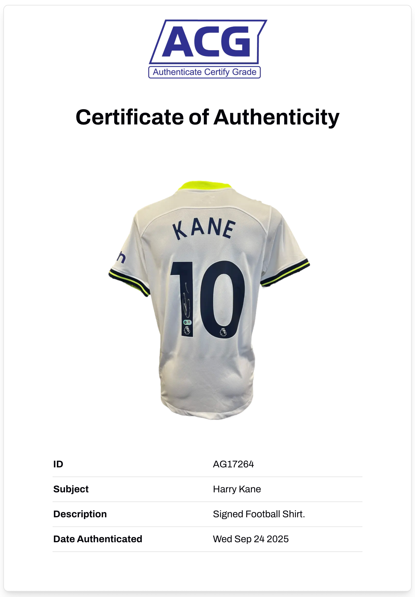 HARRY KANE SIGNED TOTTENHAM HOTSPUR 2022/23 HOME SHIRT (ACG CERT AG17264)