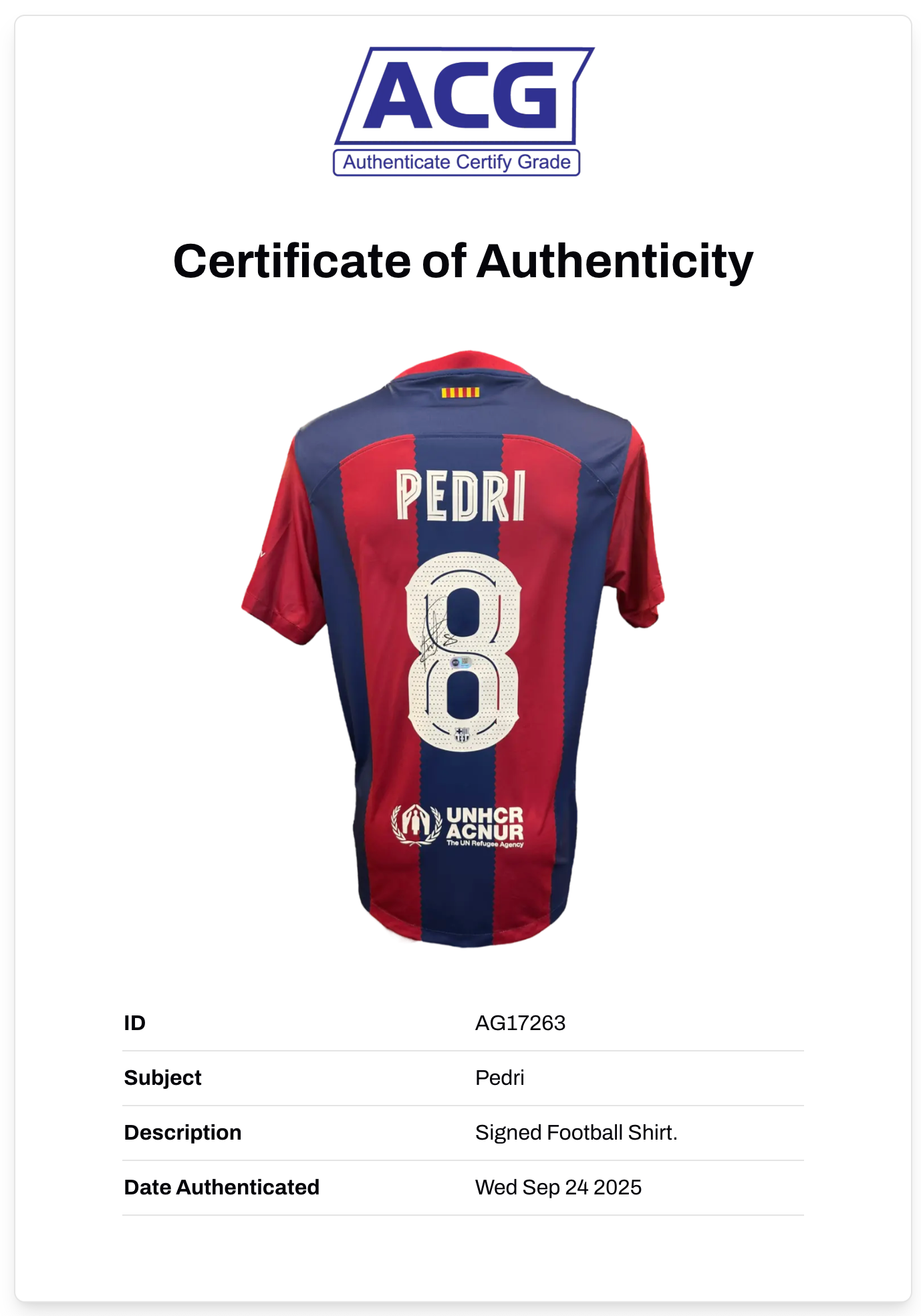 PEDRI SIGNED FC BARCELONA 2023/24 HOME UCL SHIRT (ACG CERT AG17263)