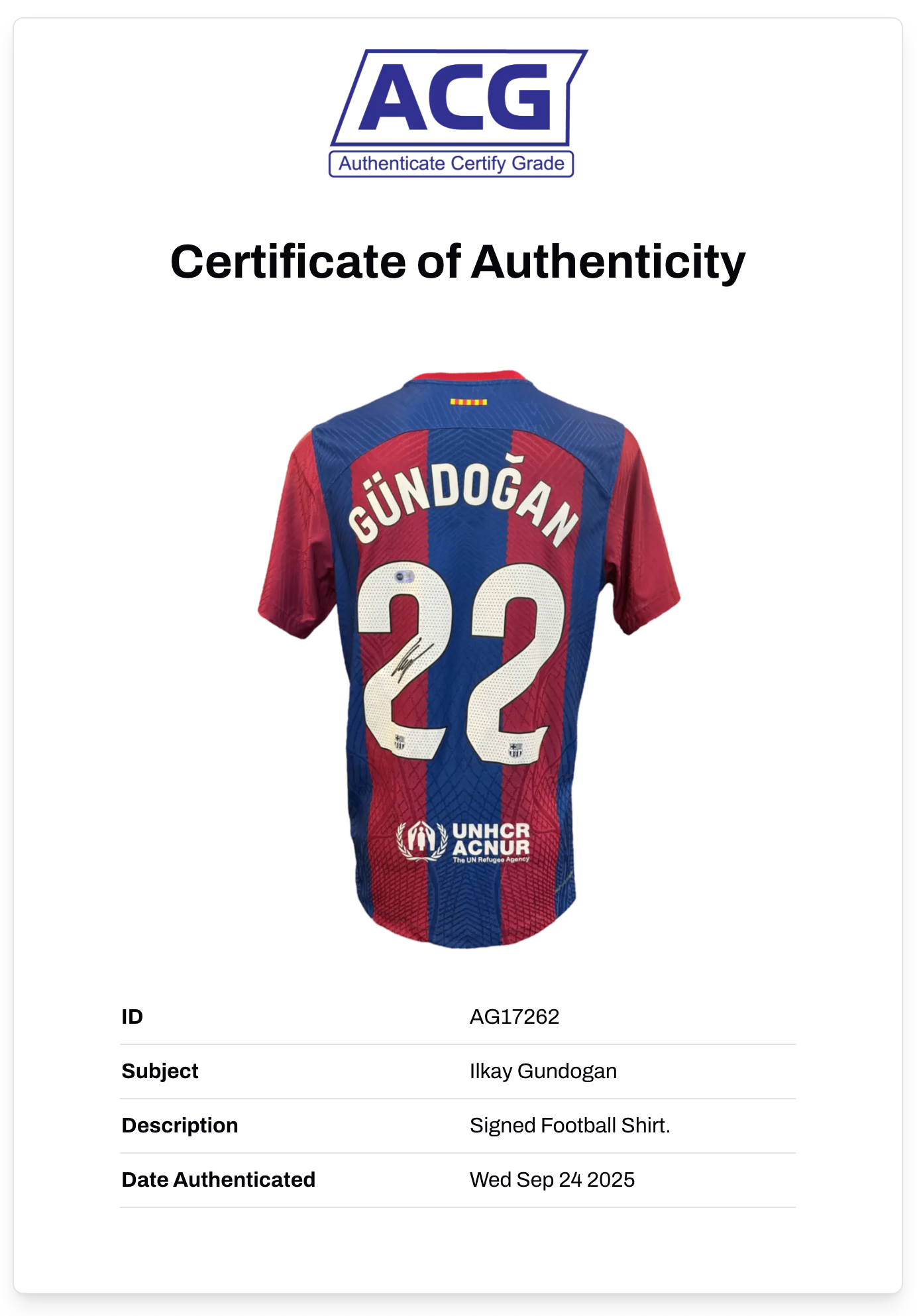 ILKAY GUNDOGAN SIGNED FC BARCELONA 2023/24 HOME SHIRT (ACG CERT AG17262)