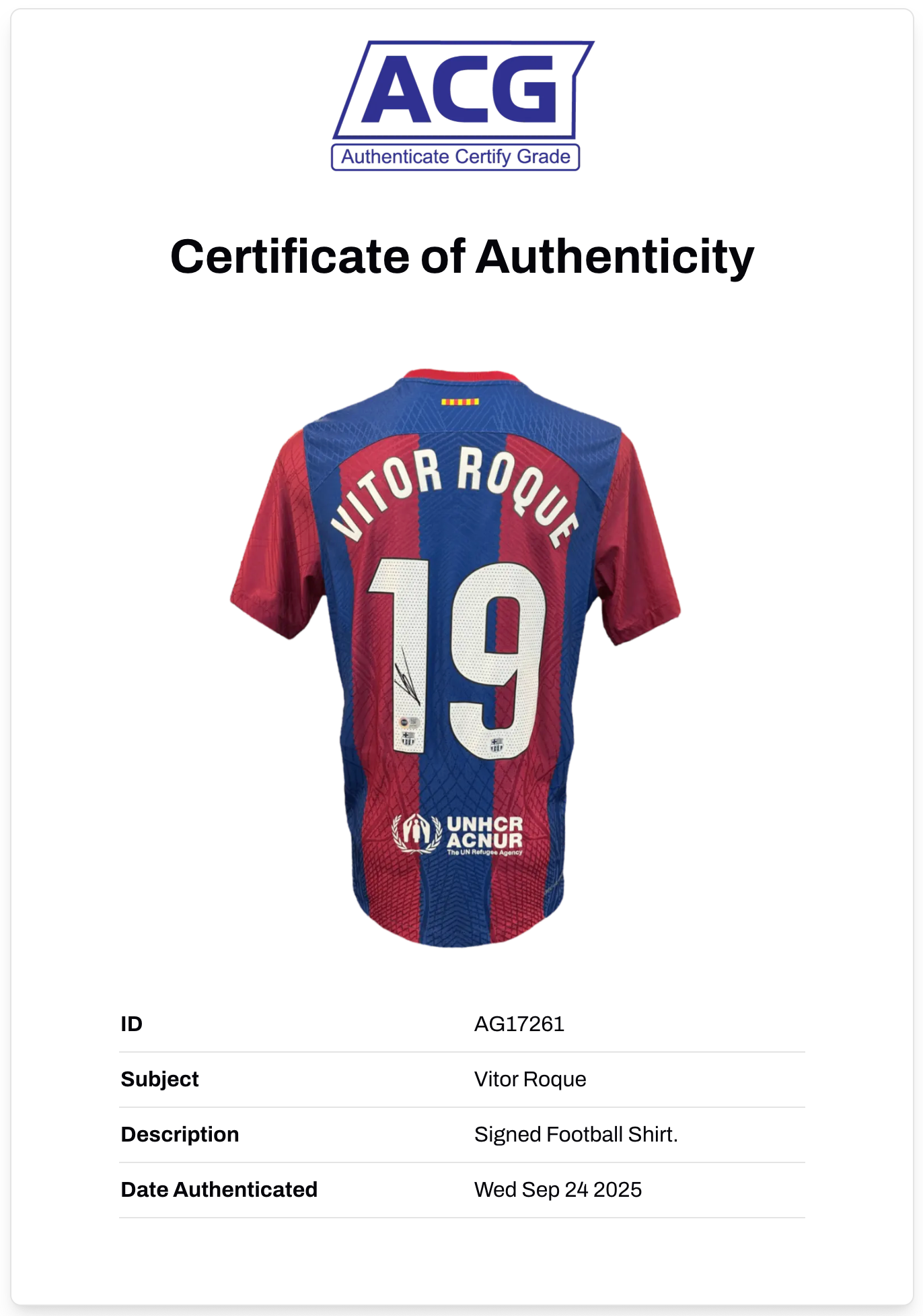 VITOR ROQUE SIGNED FC BARCELONA 2023/24 HOME SHIRT (ACG CERT AG17261)