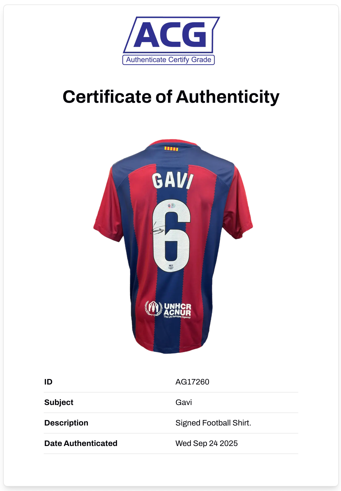 GAVI SIGNED FC BARCELONA 2023/24 HOME SHIRT (ACG CERT AG17260)
