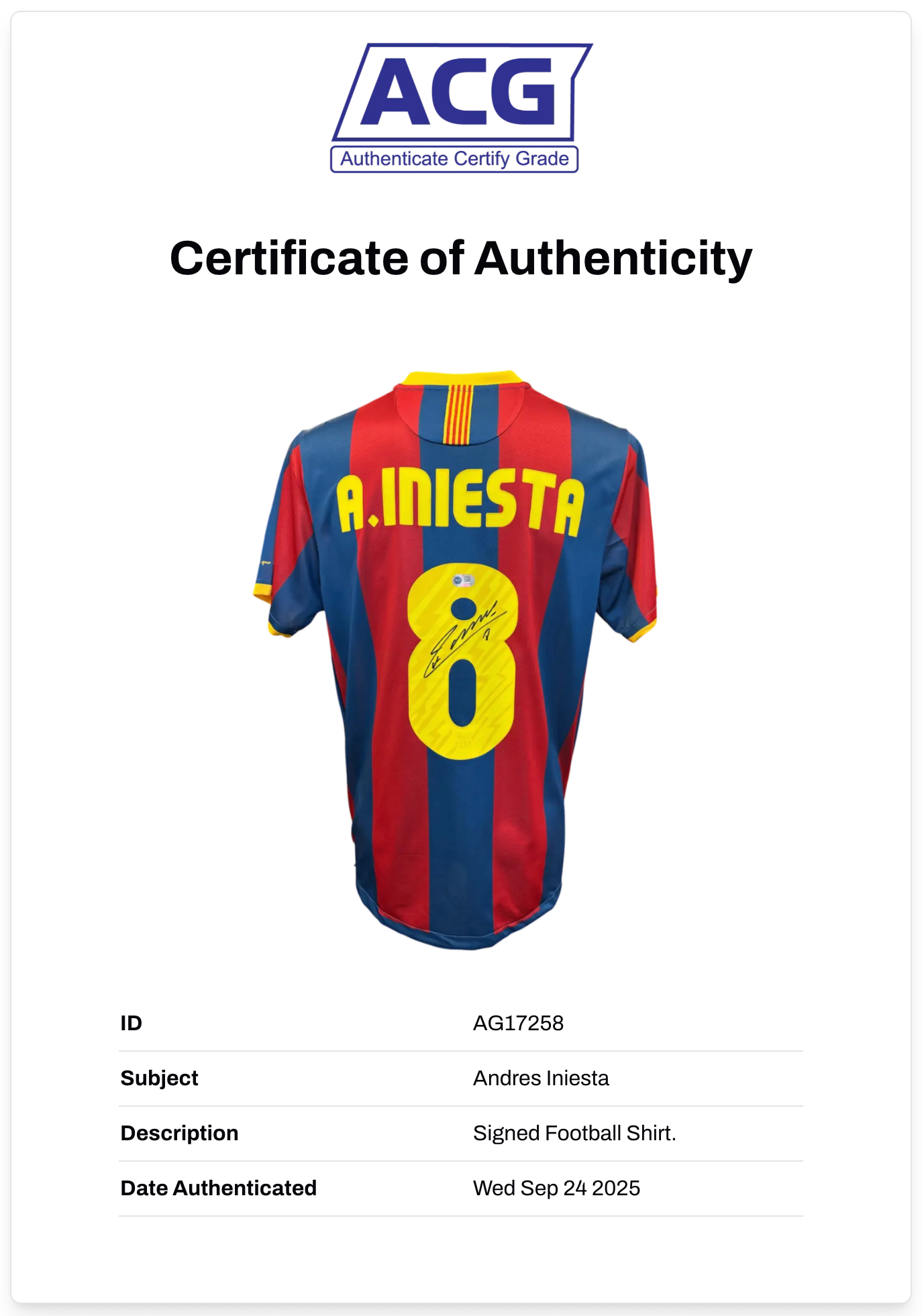 ANDRES INIESTA SIGNED FC BARCELONA 2010/11 UCL HOME SHIRT (ACG CERT AG17258)