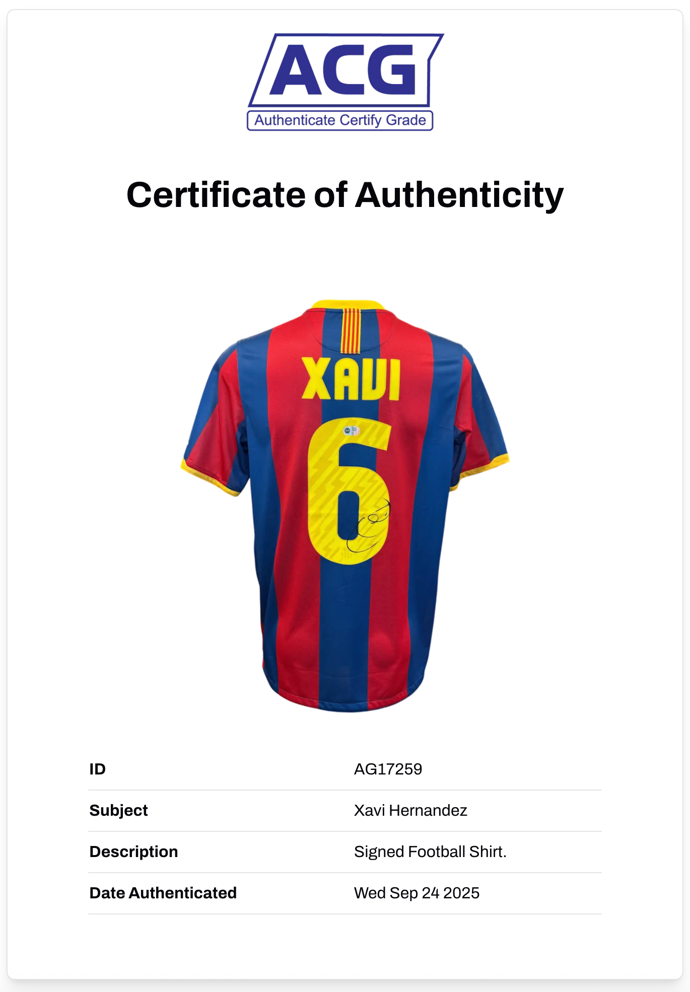 XAVI HERNANDEZ SIGNED FC BARCELONA 2010/11 UCL HOME SHIRT (ACG CERT AG17259)