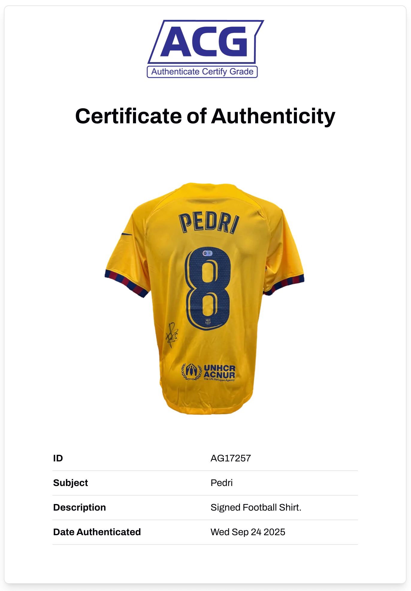 PEDRI SIGNED FC BARCELONA 2023/24 AWAY SHIRT (ACG CERT AG17257)
