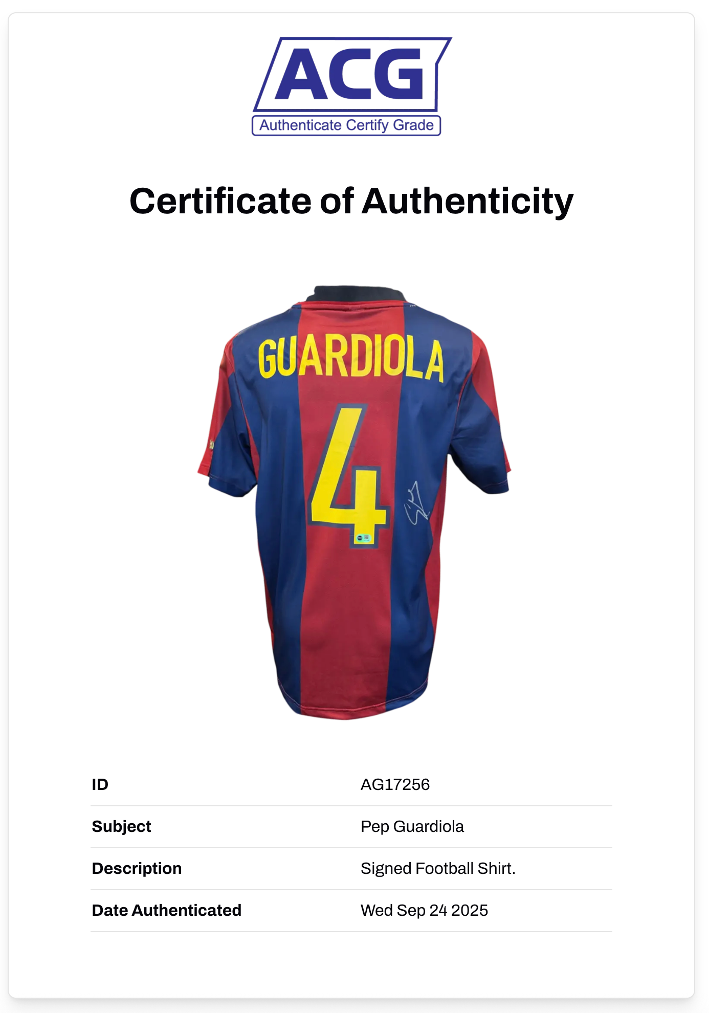 PEP GUARDIOLA SIGNED FC BARCELONA 1998 RETRO GUARDIOLA 4 SHIRT (ACG CERT AG17256)
