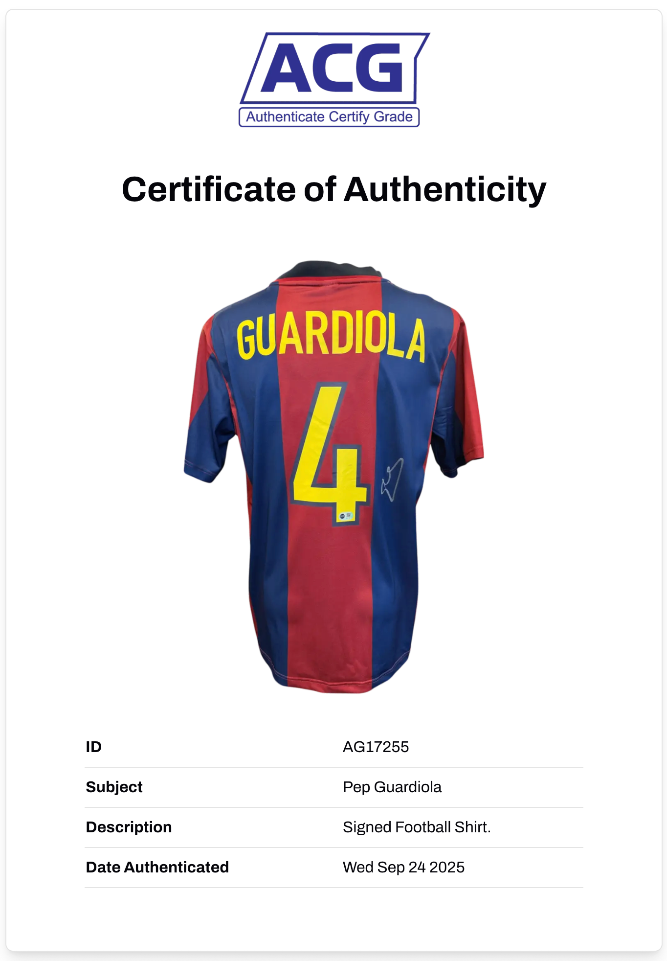 PEP GUARDIOLA SIGNED FC BARCELONA 1998 GUARDIOLA 4 SHIRT (ACG CERT AG17255)