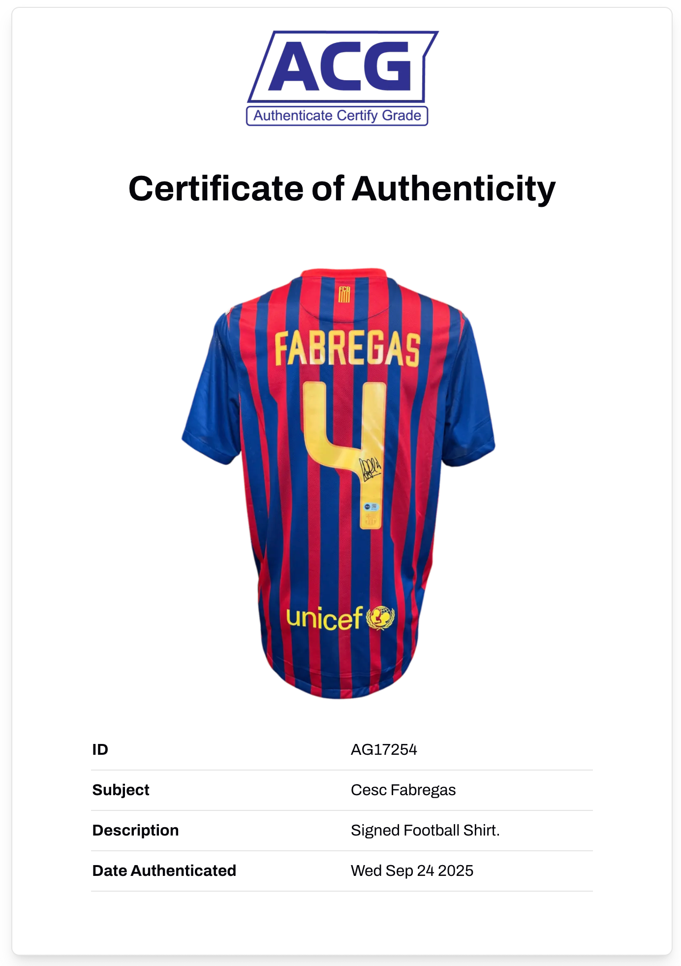 CESC FABREGAS SIGNED FC BARCELONA 2011/22 HOME SHIRT (ACG CERT AG17254)