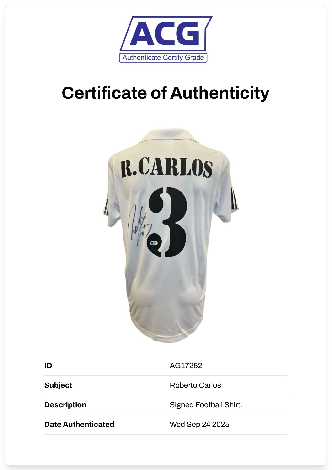 ROBERTO CARLOS SIGNED 2002/03 REAL MADRID HOME SHIRT (ACG CERT AG17252)
