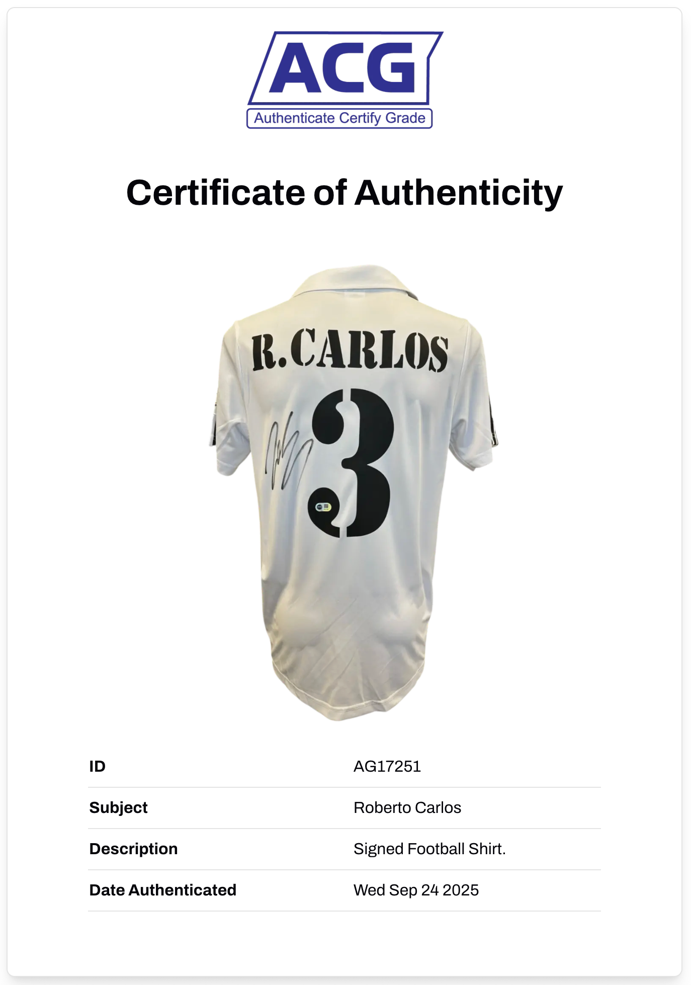 ROBERTO CARLOS SIGNED 2002/03 REAL MADRID HOME SHIRT (ACG CERT AG17251)