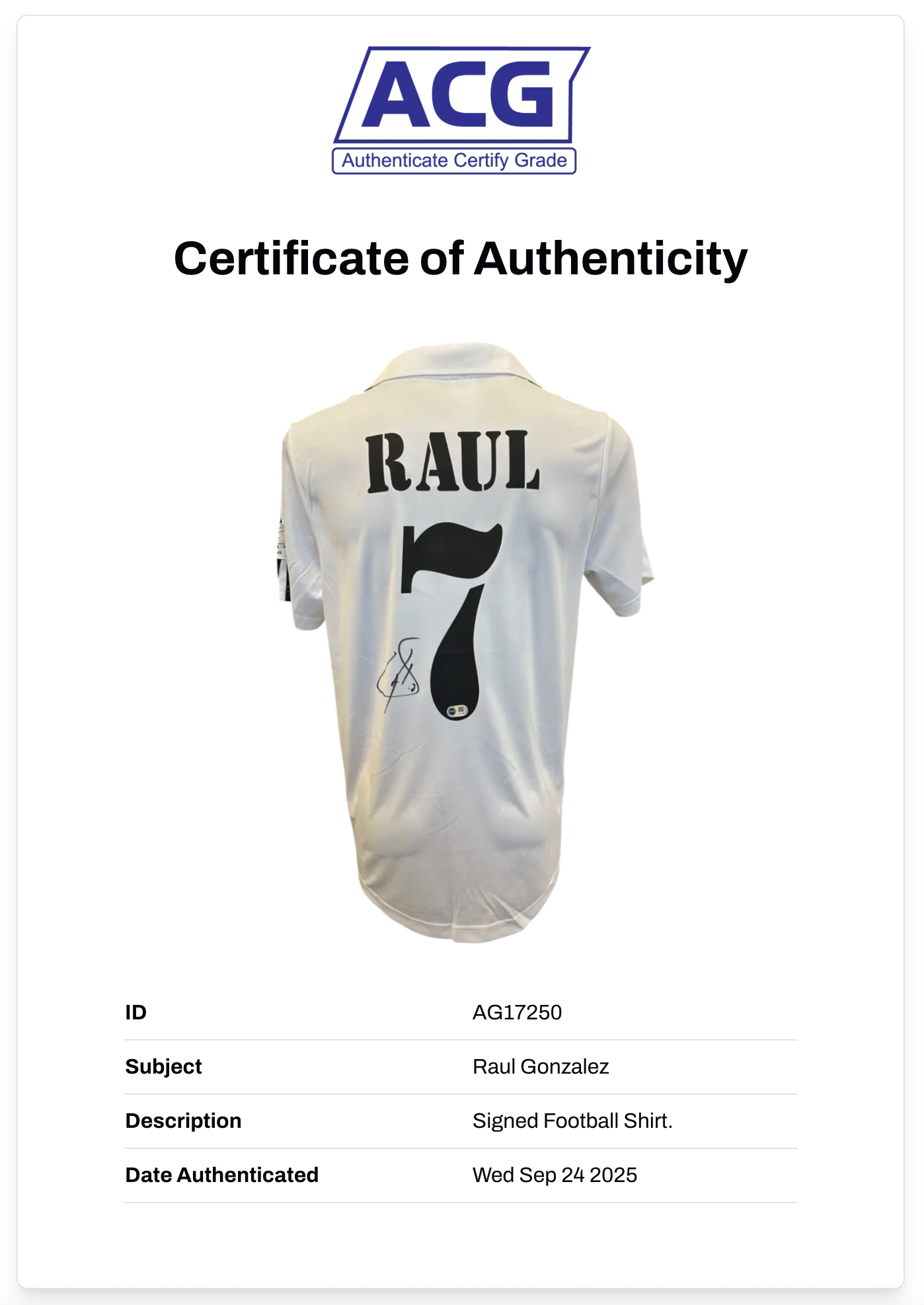 RAUL GONZALEZ SIGNED 2001/02 REAL MADRID SHIRT SPAIN LEGEND (ACG CERT AG17250)