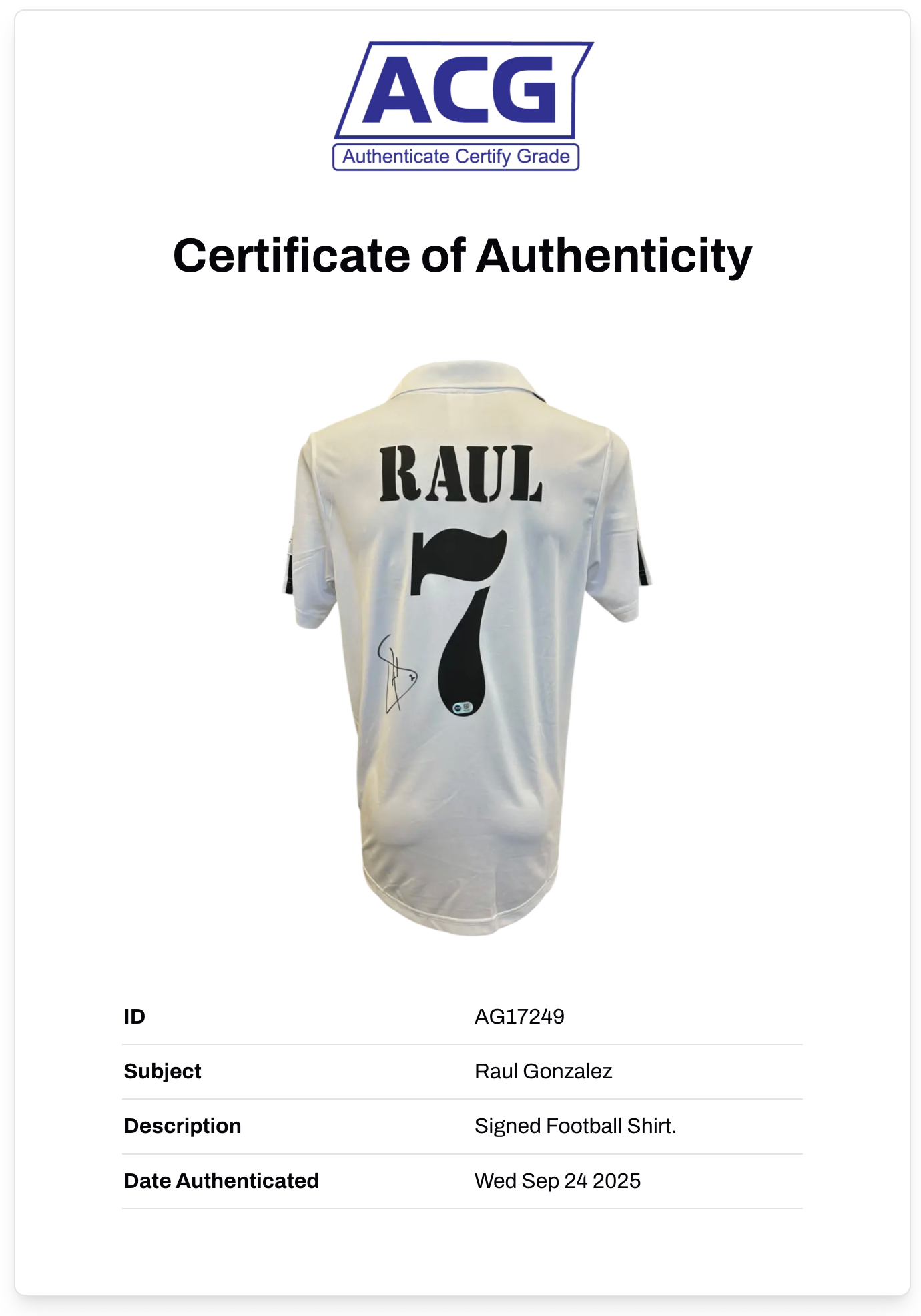 RAUL GONZALEZ SIGNED 2001/02 REAL MADRID SHIRT SPAIN LEGEND (ACG CERT AG17249)