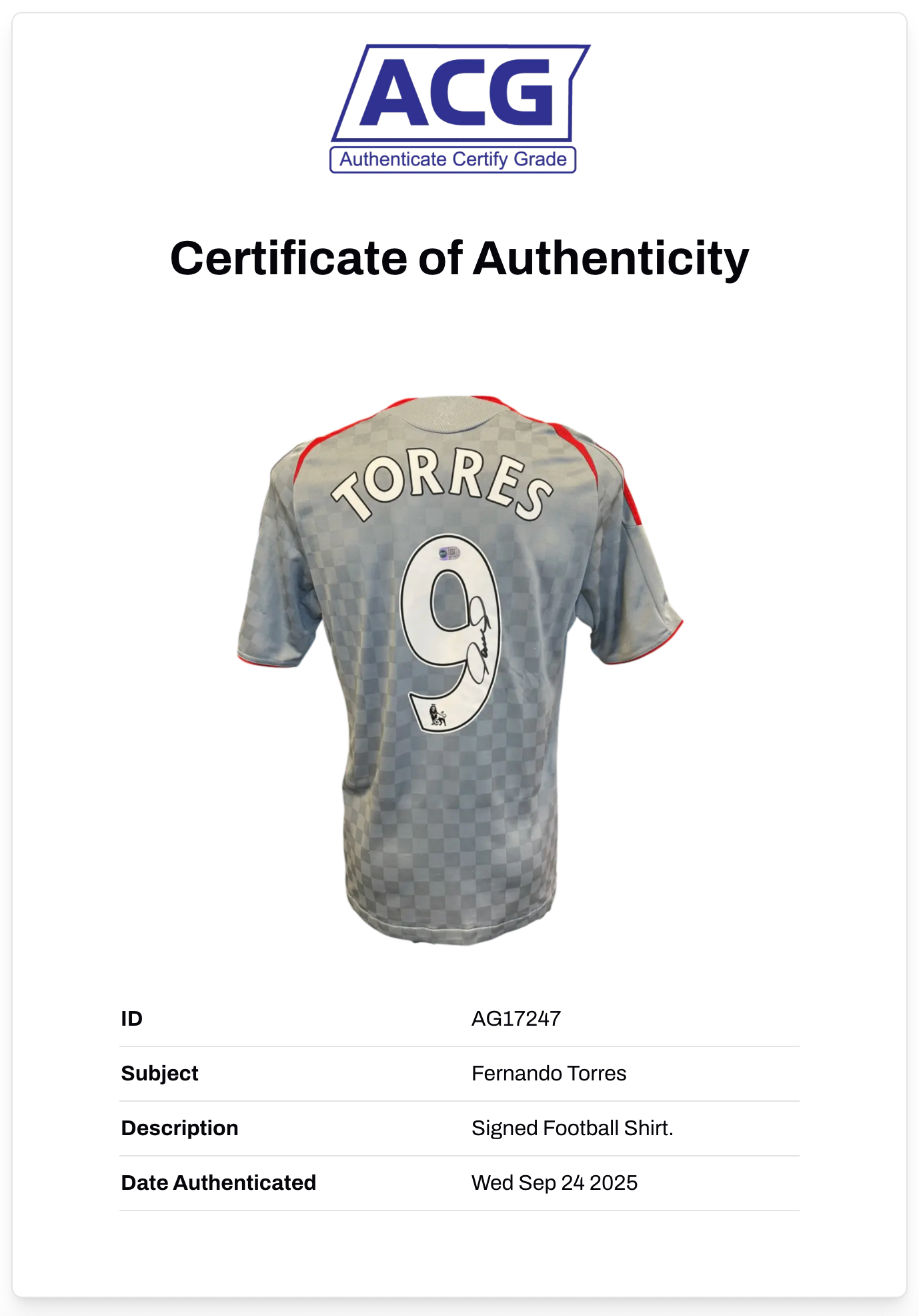 FERNANDO TORRES SIGNED LIVERPOOL 2008/09 AWAY SHIRT (ACG CERT AG17247)