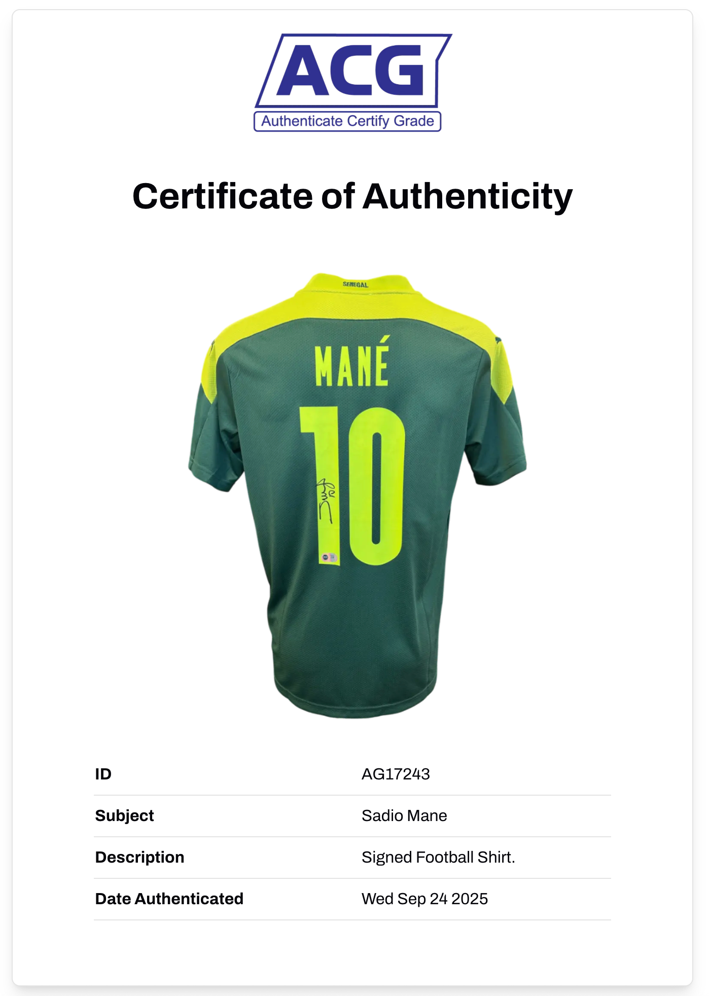 SADIO MANE SIGNED SENEGAL AFCON 2021 WINNERS HOME SHIRT (ACG CERT AG17243)-2