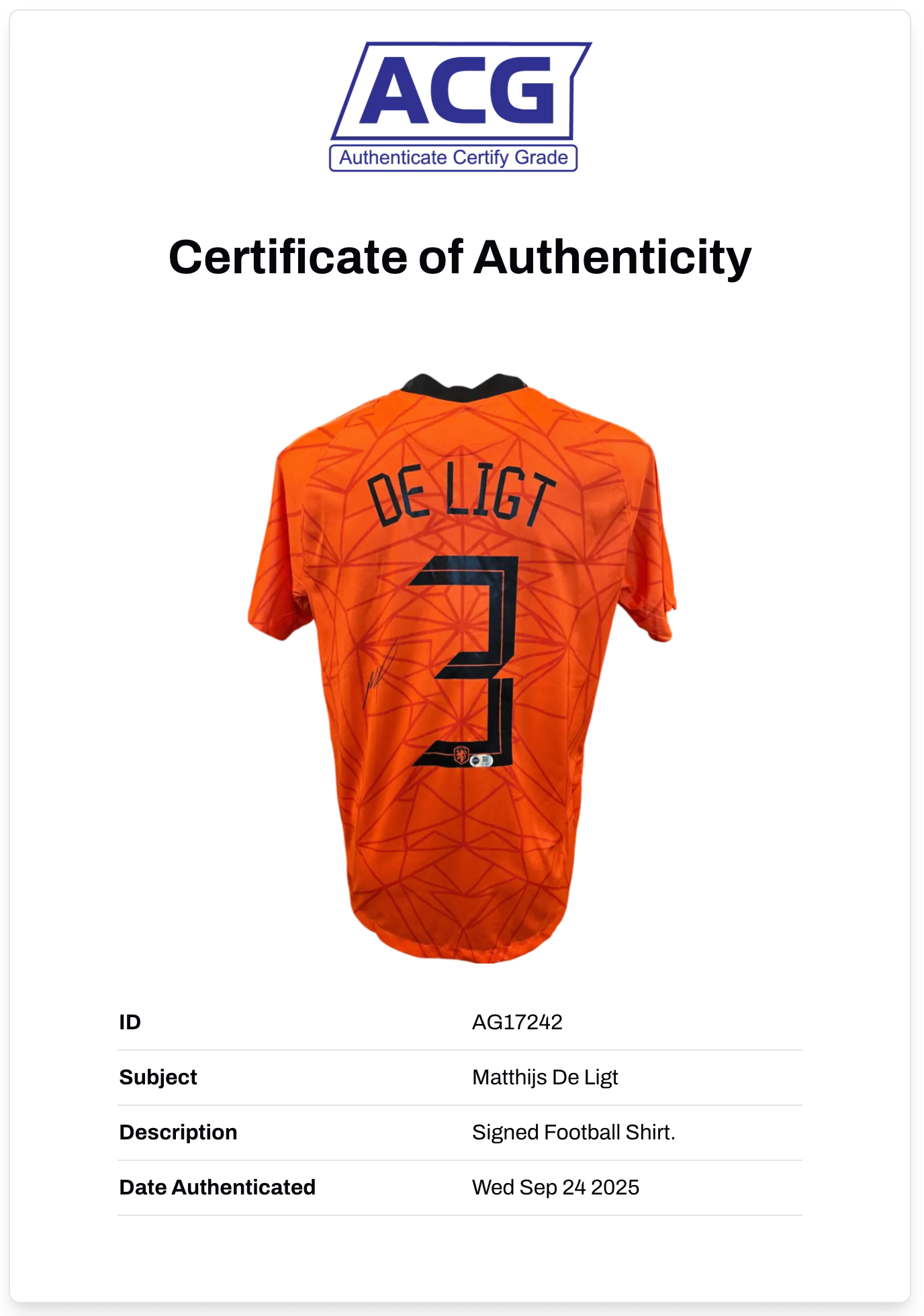 MATTHIJS DE LIGT SIGNED NETHERLANDS HOLLAND 2021/22 HOME SHIRT (ACG CERT AG17242)