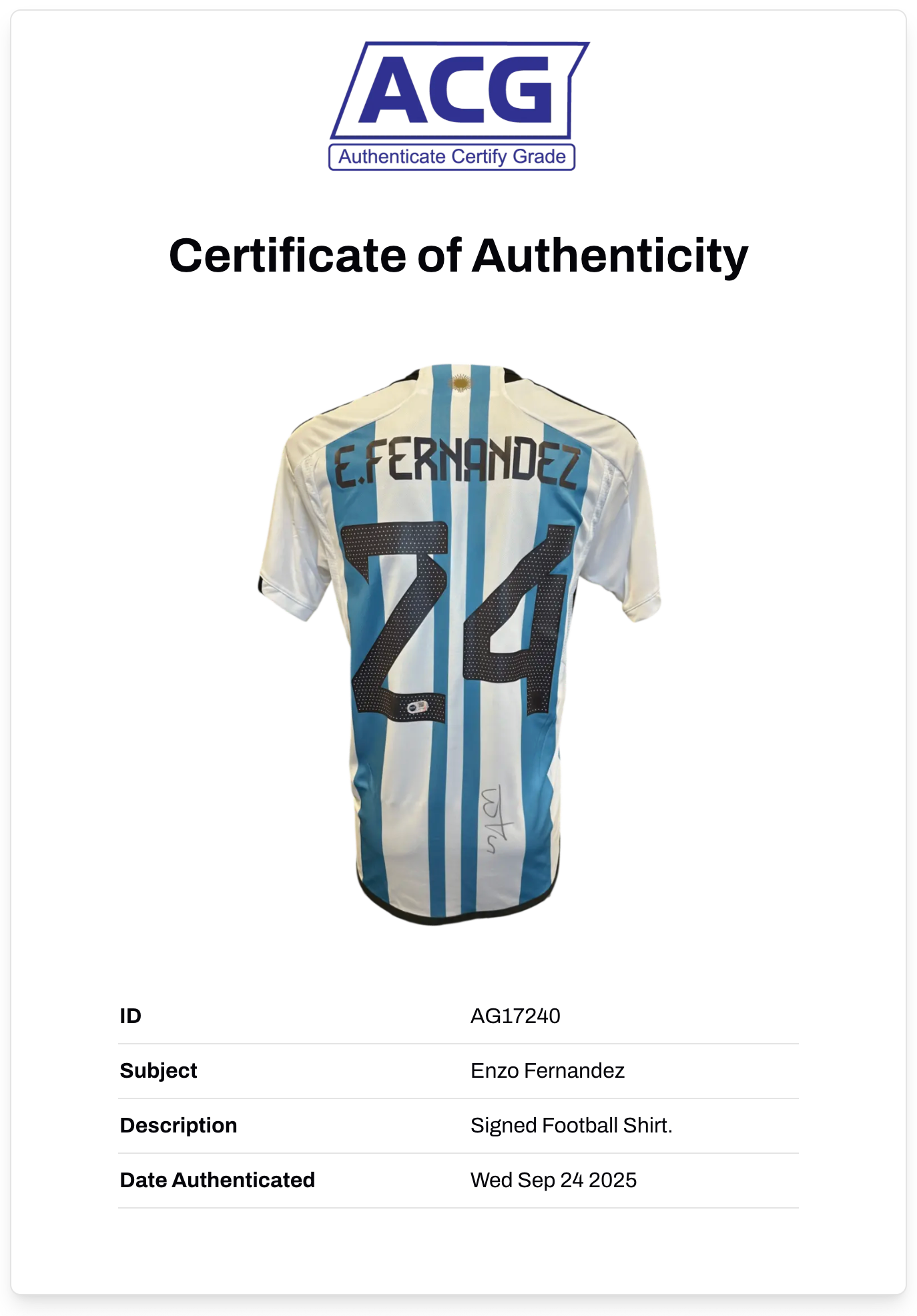 ENZO FERNANDEZ SIGNED ARGENTINA 2022 WORLD CUP WINNERS SHIRT (ACG CERT AG17240)