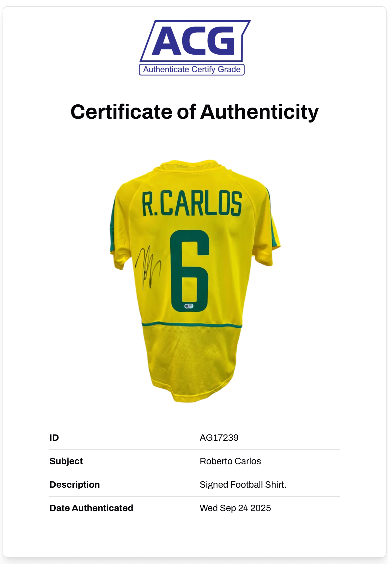 ROBERTO CARLOS SIGNED 2002 BRAZIL WORLD CUP HOME SHIRT (ACG CERT AG17238)