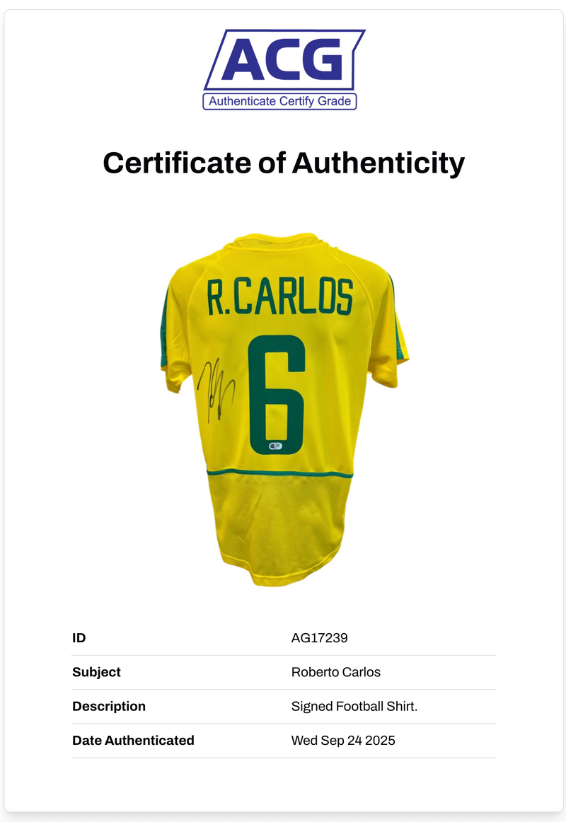 ROBERTO CARLOS SIGNED 2002 BRAZIL WORLD CUP HOME SHIRT (ACG CERT AG17238)-2