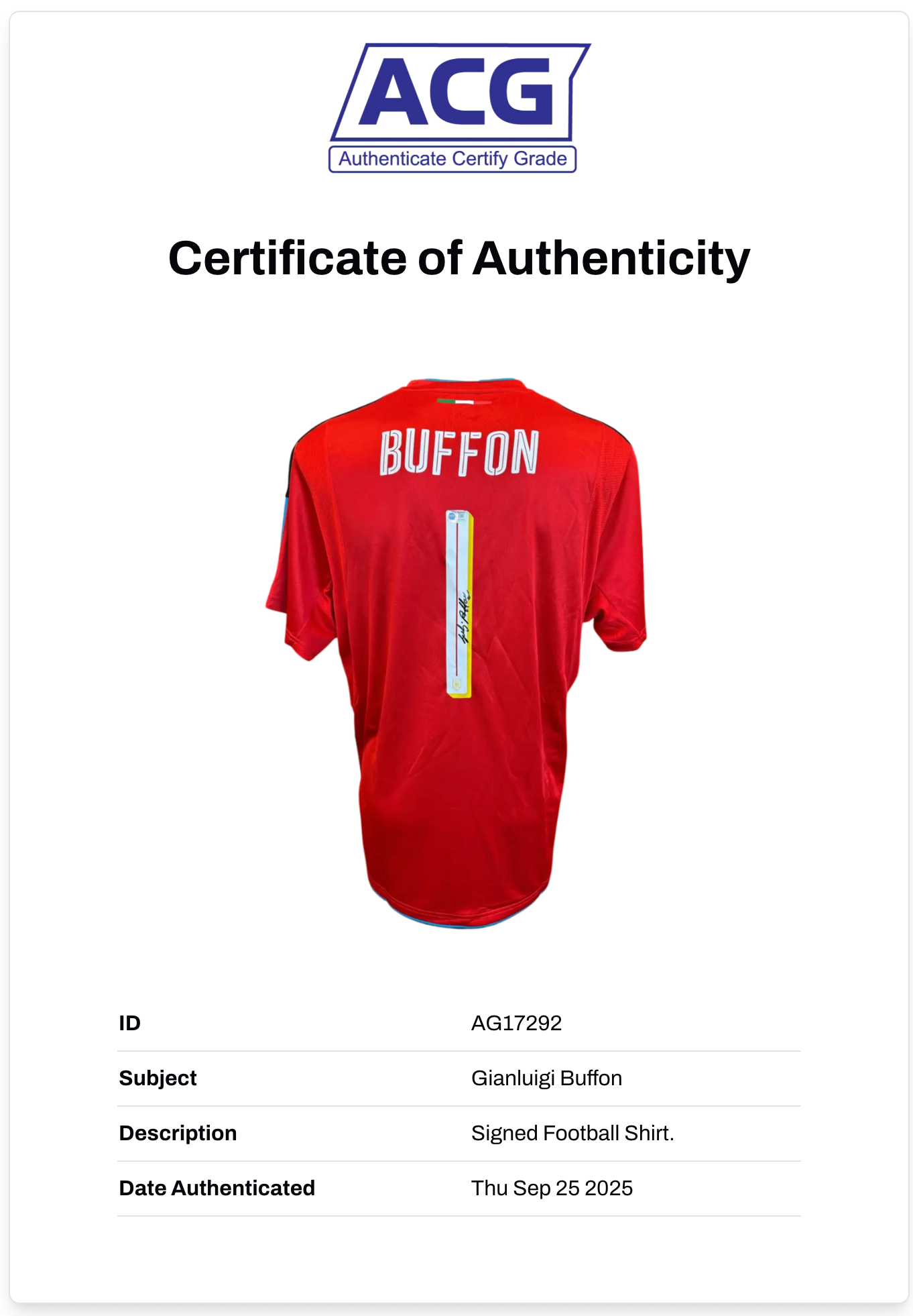 GIANLUIGI BUFFON SIGNED 2016 ITALY GOALKEEPER SHIRT (ACG CERT AG17292)