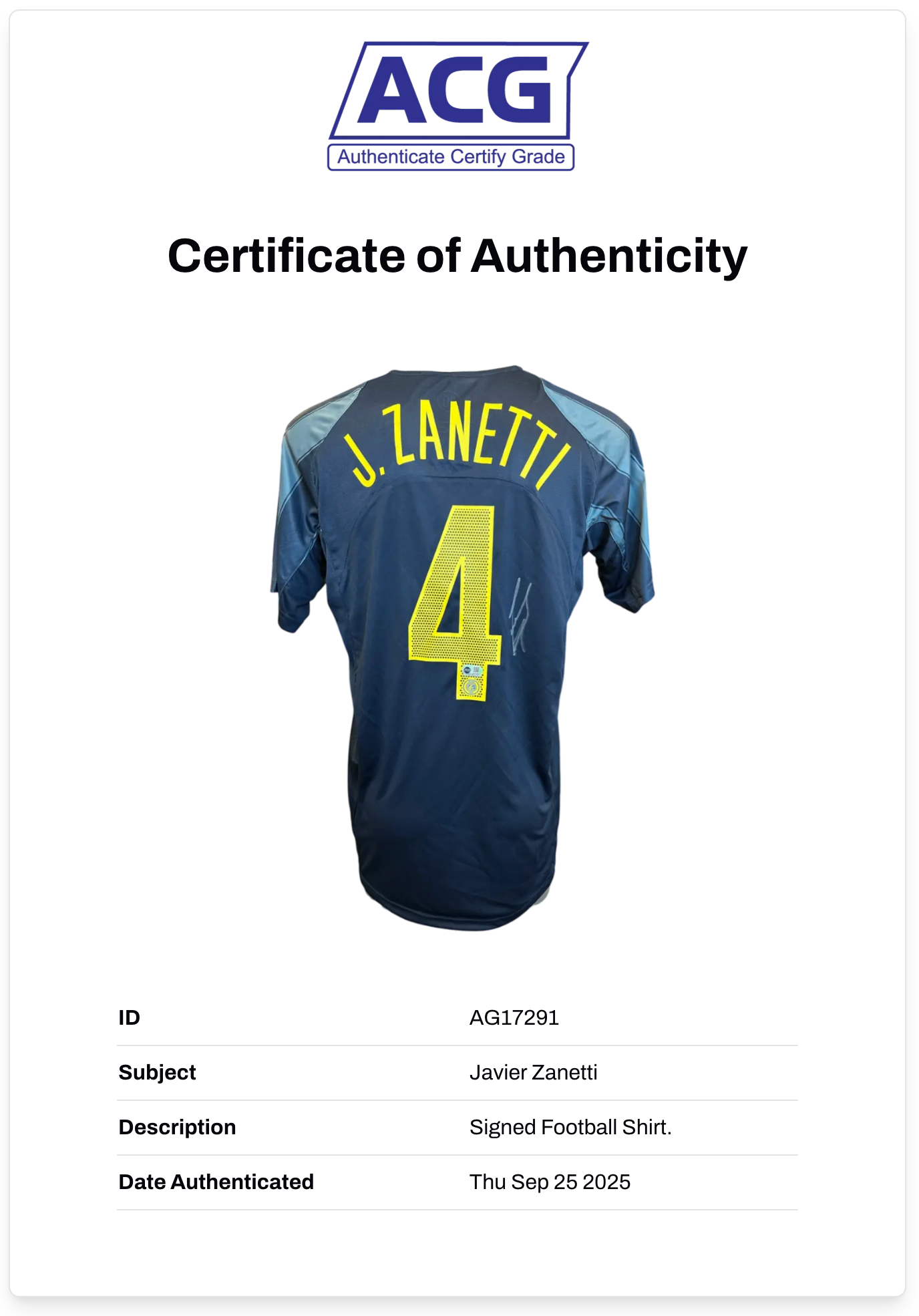 JAVIER ZANETTI SIGNED INTERNAZIONALE 2004/05 AWAY SHIRT (ACG CERT AG17291)