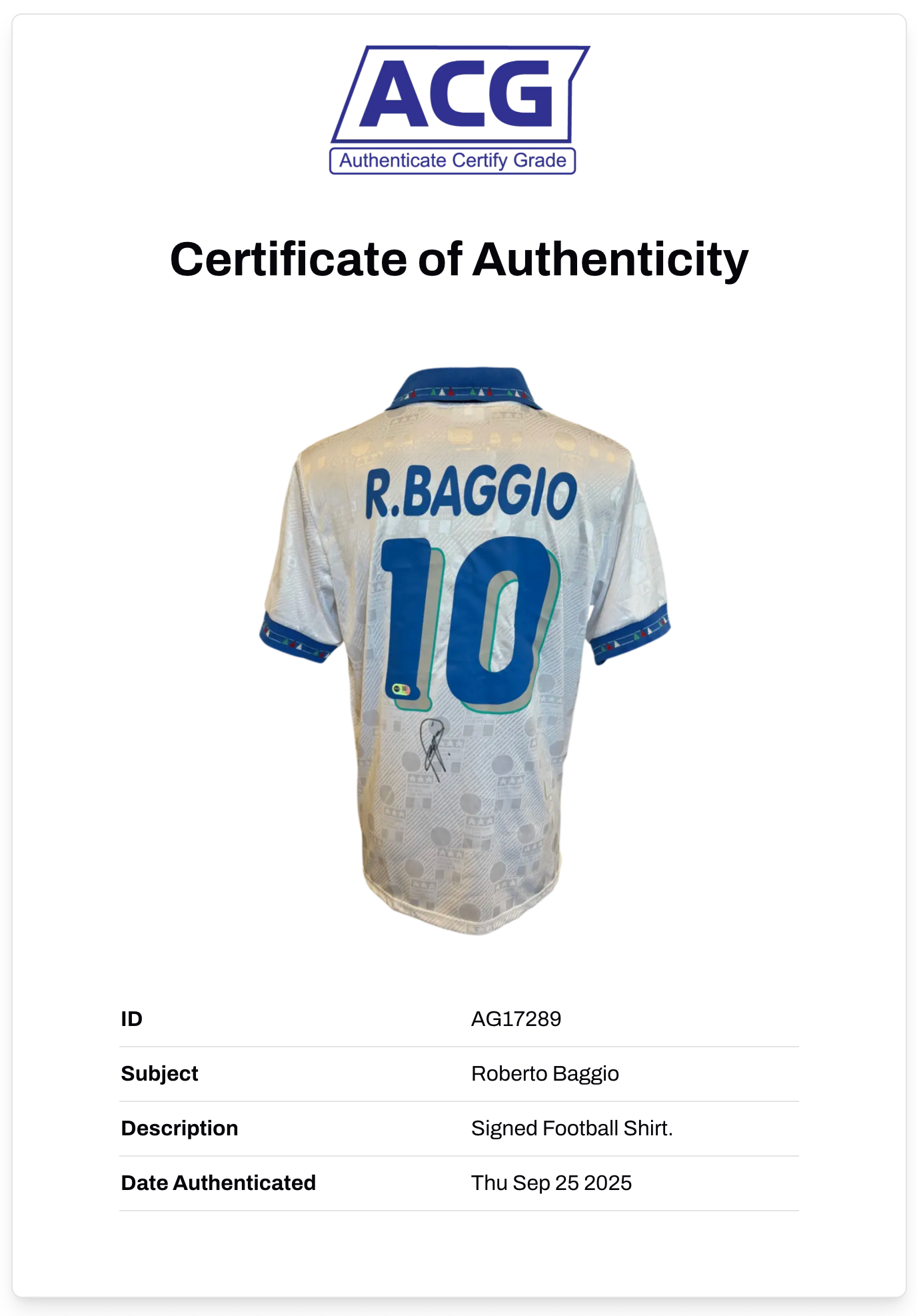ROBERTO BAGGIO SIGNED 1994 ITALY WORLD CUP AWAY SHIRT (ACG CERT AG17289)