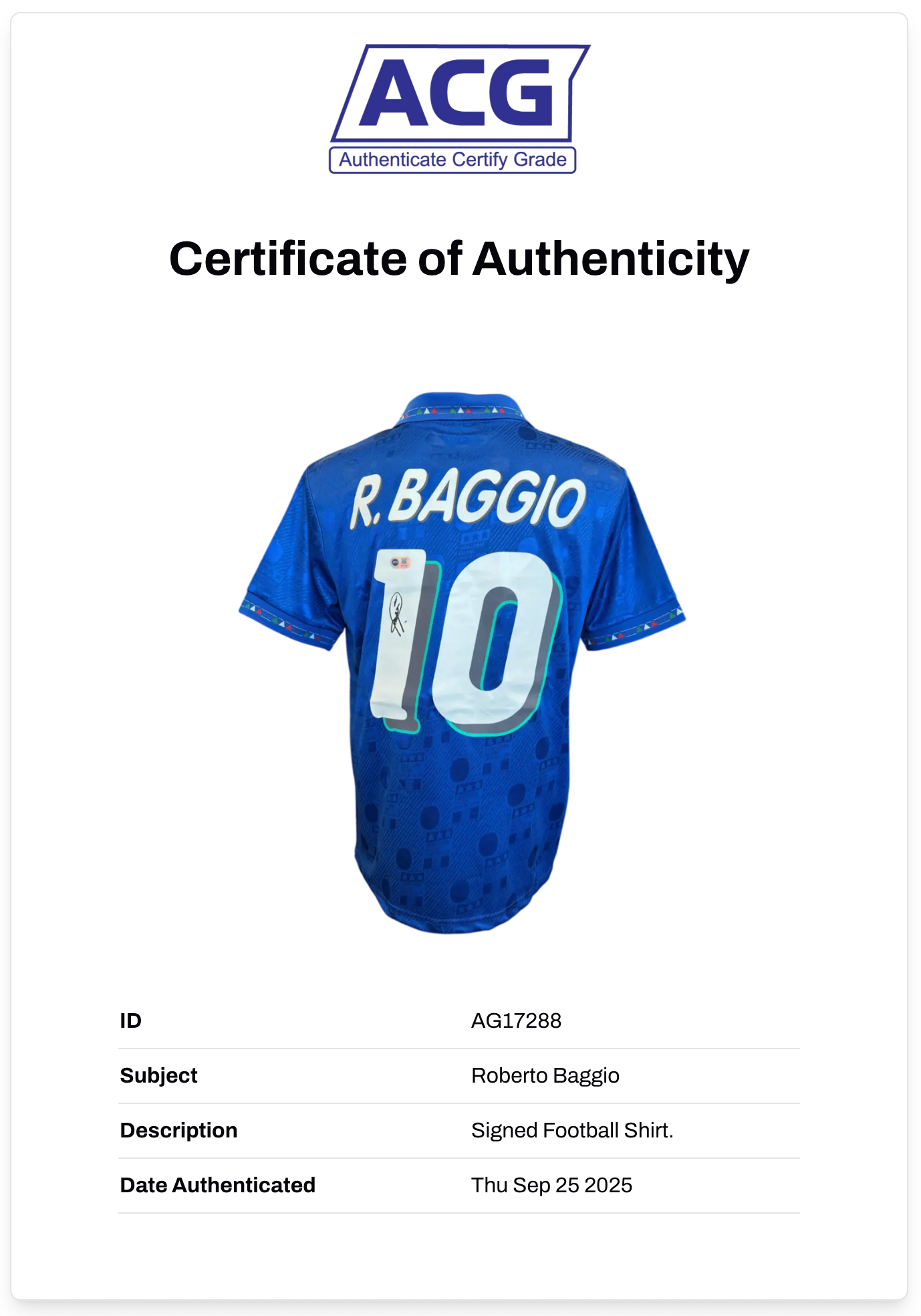 ROBERTO BAGGIO SIGNED 1994 ITALY WORLD CUP FOOTBALL SHIRT (ACG CERT AG17288)