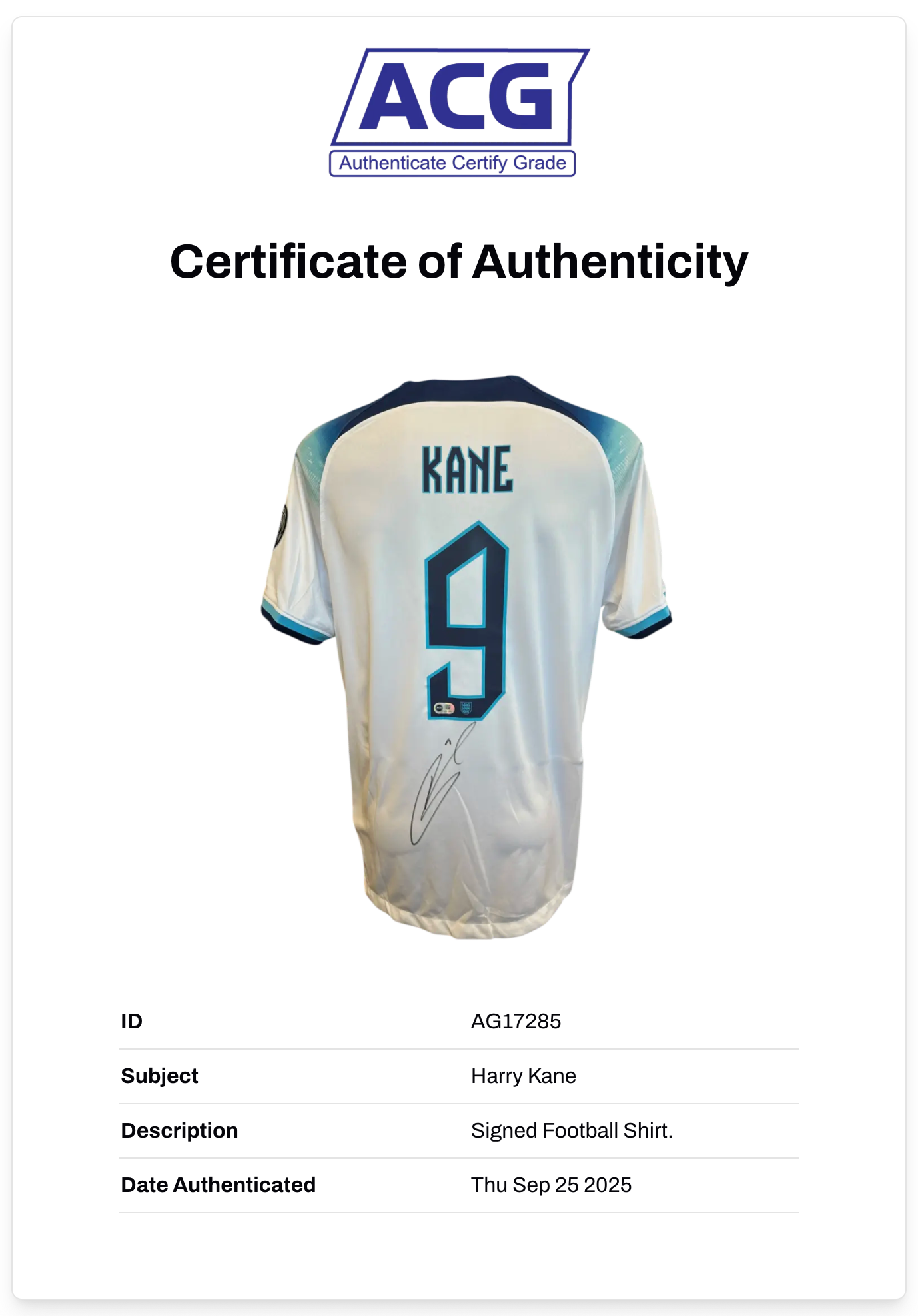 HARRY KANE SIGNED 2022 ENGLAND RECORD GOAL SCORER HOME SHIRT (ACG CERT AG17285)