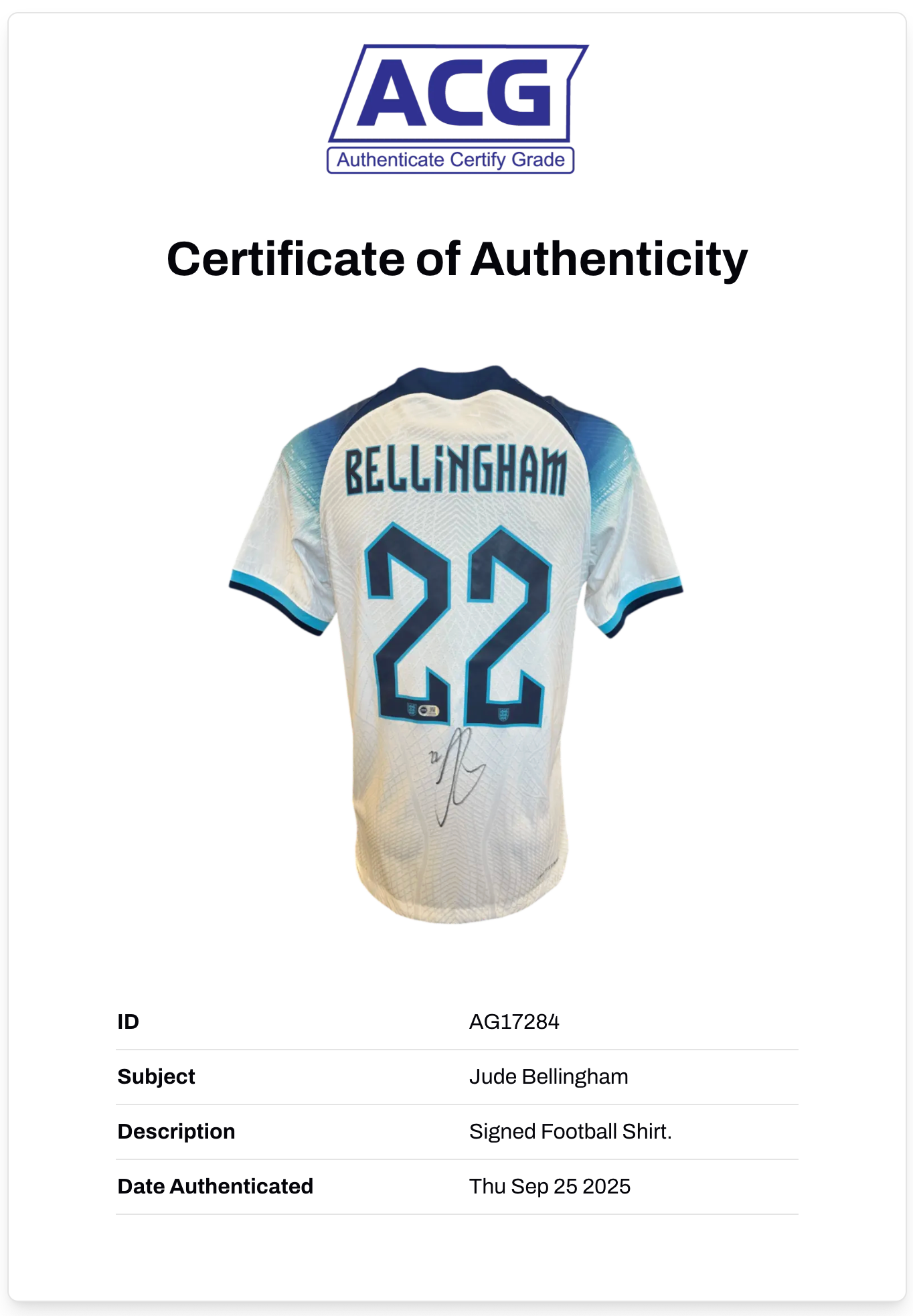JUDE BELLINGHAM SIGNED 2022 ENGLAND PLAYER HOME SHIRT (ACG CERT AG17284)
