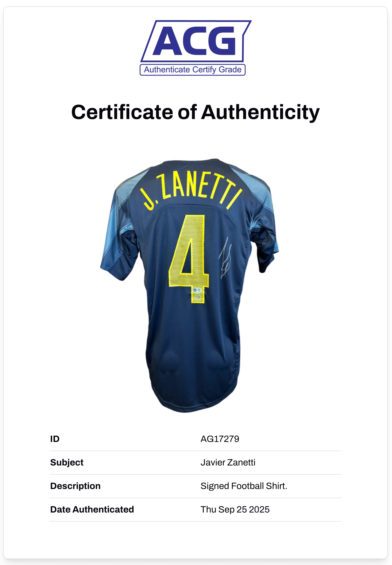 JAVIER ZANETTI SIGNED INTERNAZIONALE 2004/05 AWAY SHIRT (ACG CERT AG17279)