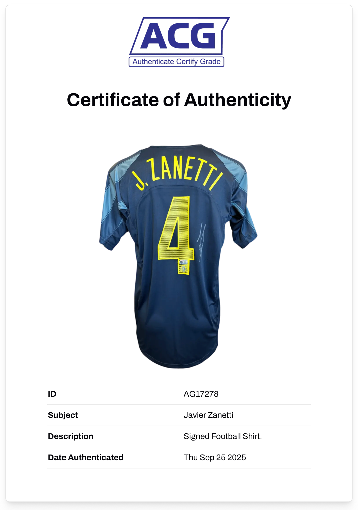 JAVIER ZANETTI SIGNED INTERNAZIONALE 2004/05 AWAY SHIRT (ACG CERT AG17278)