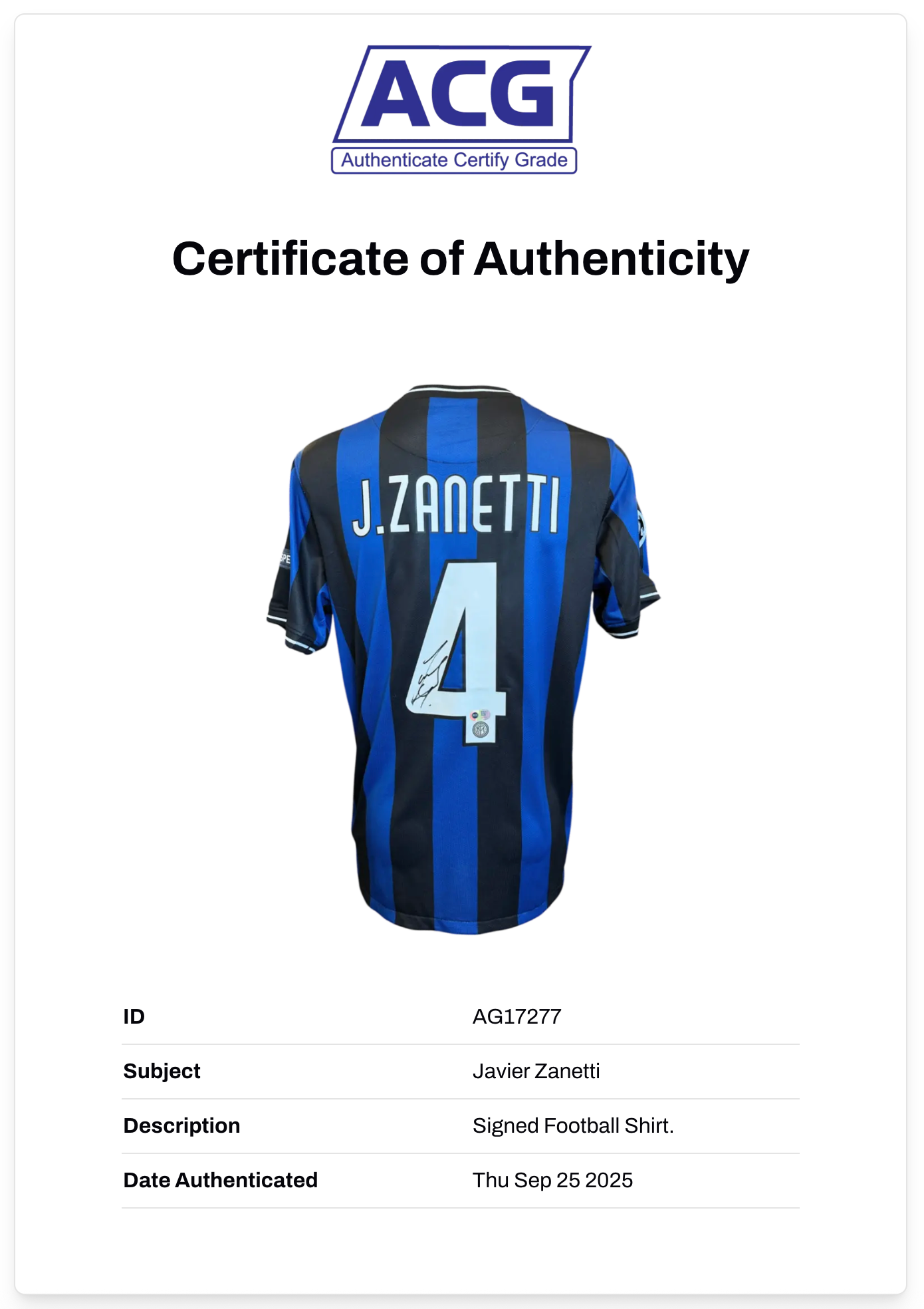 JAVIER ZANETTI SIGNED INTER MILAN 20010 UCL FINAL SHIRT (ACG CERT AG17277)