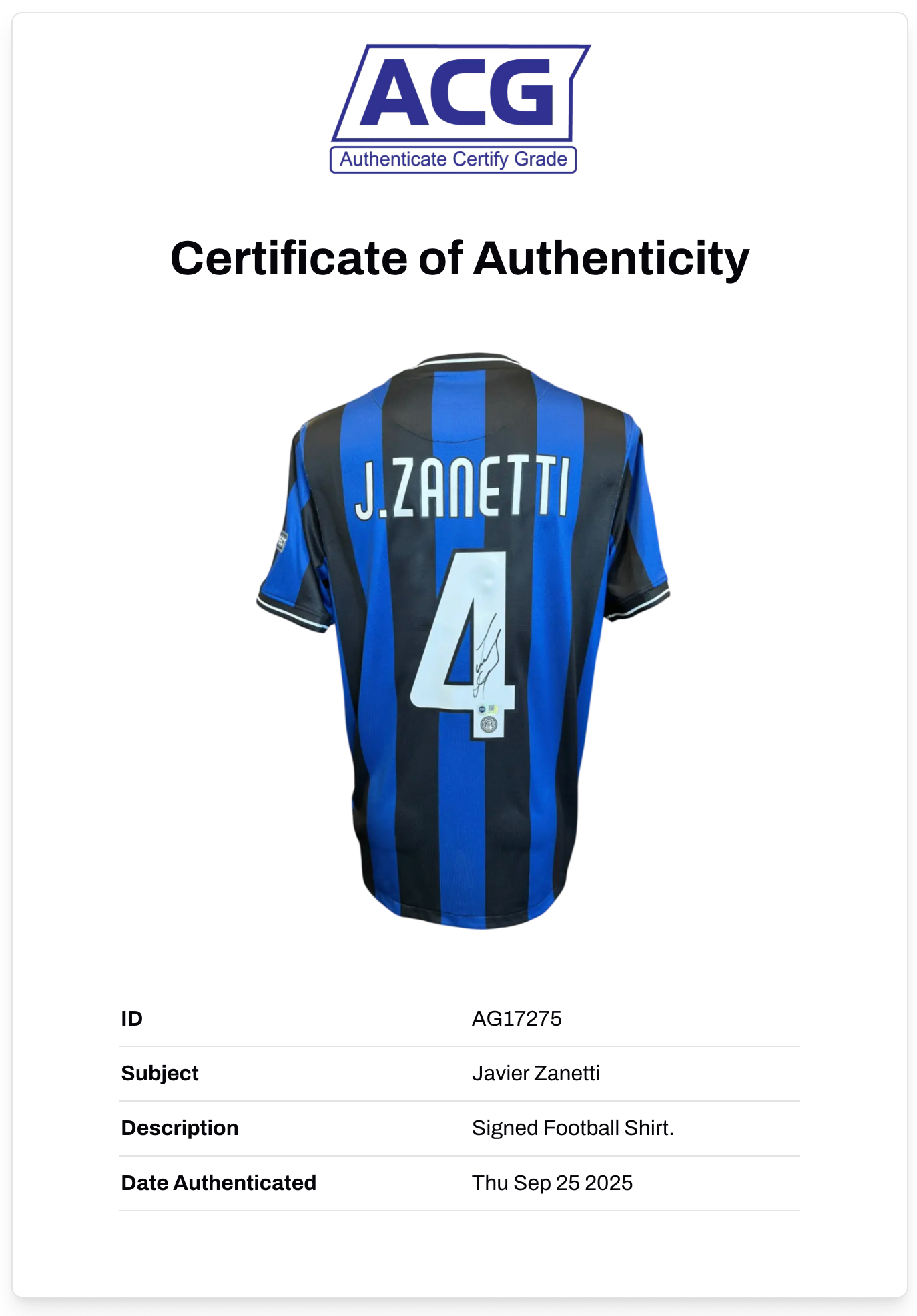 JAVIER ZANETTI SIGNED INTER MILAN 20010 UCL FINAL SHIRT (ACG CERT AG17275)